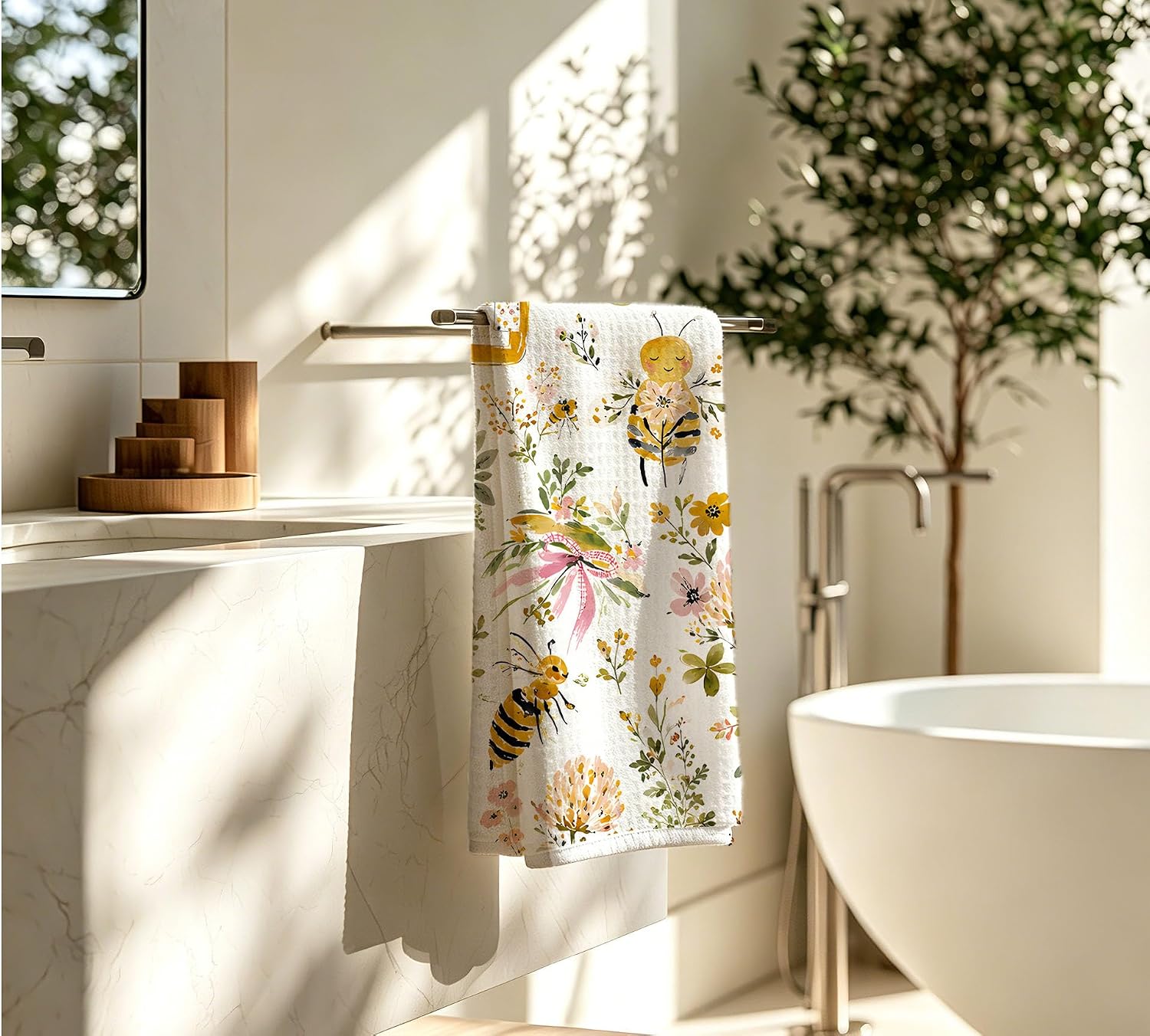 Farmhouse Honey Bee Floral Kitchen Dish Towels Decor 16x24 inch