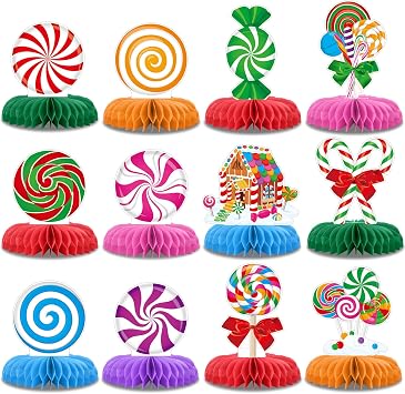 12 Pack Christmas Party Centerpieces for Tables Candy Theme Christmas Table Honeycomb Centerpieces Holiday Party Decorations Table Toppers for Xmas Festive Classroom Office Winter Decor