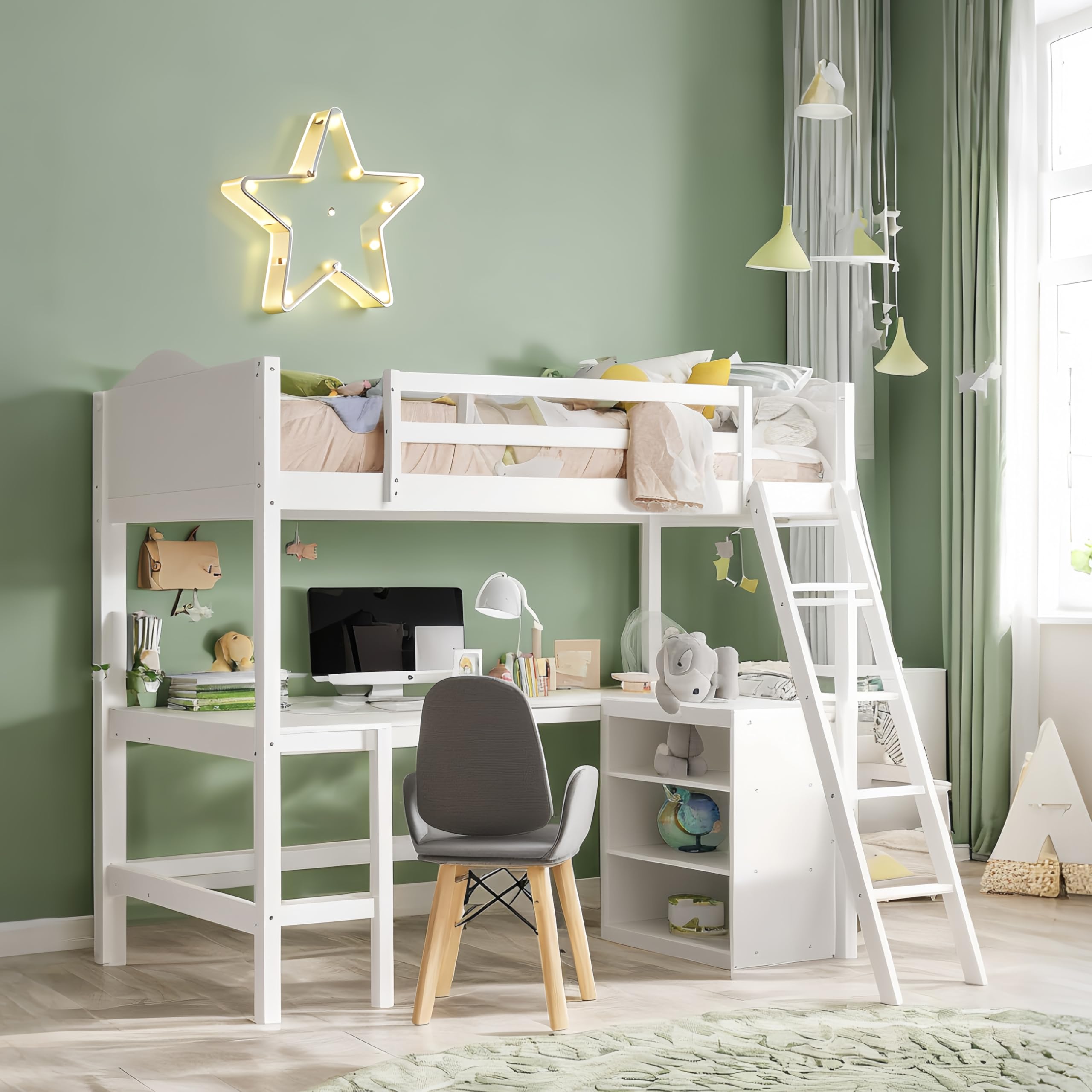 Twin Loft Bed with Desk and Storage Shelves, Wood Loft Bed with Bookcase, Loft Beds Frame for Kids, Boys, Girls Teens, Noise Free, No Box Spring Needed, White