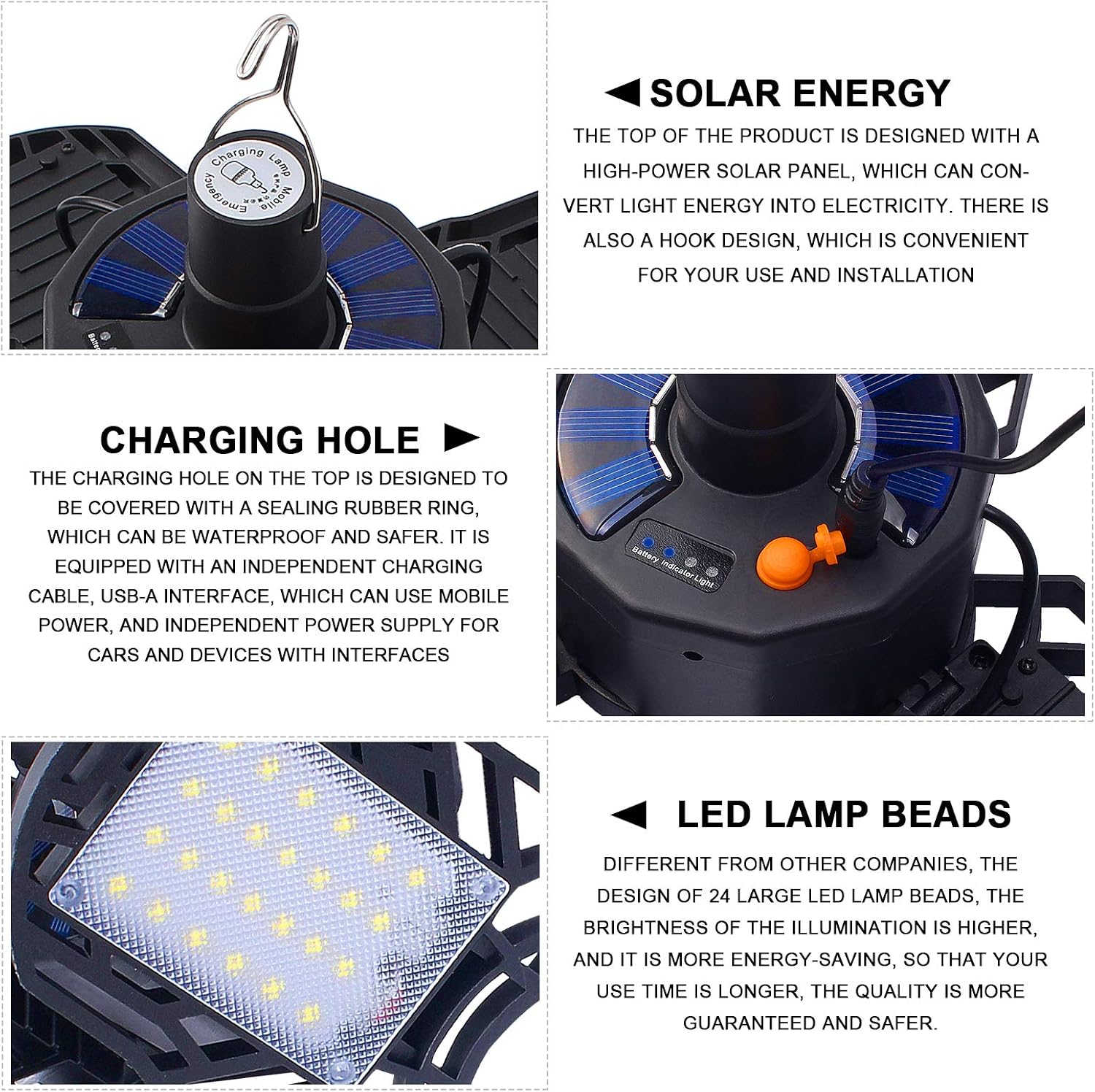 Kyson Solar Remote Garage Lights Portable USB Rechargeable Camping Lamp with Adjustable Led Panels Hanging Hook for Home Shed Barn Emergency SOS Hiking Tent Indoor Outdoor (Four Leaves)