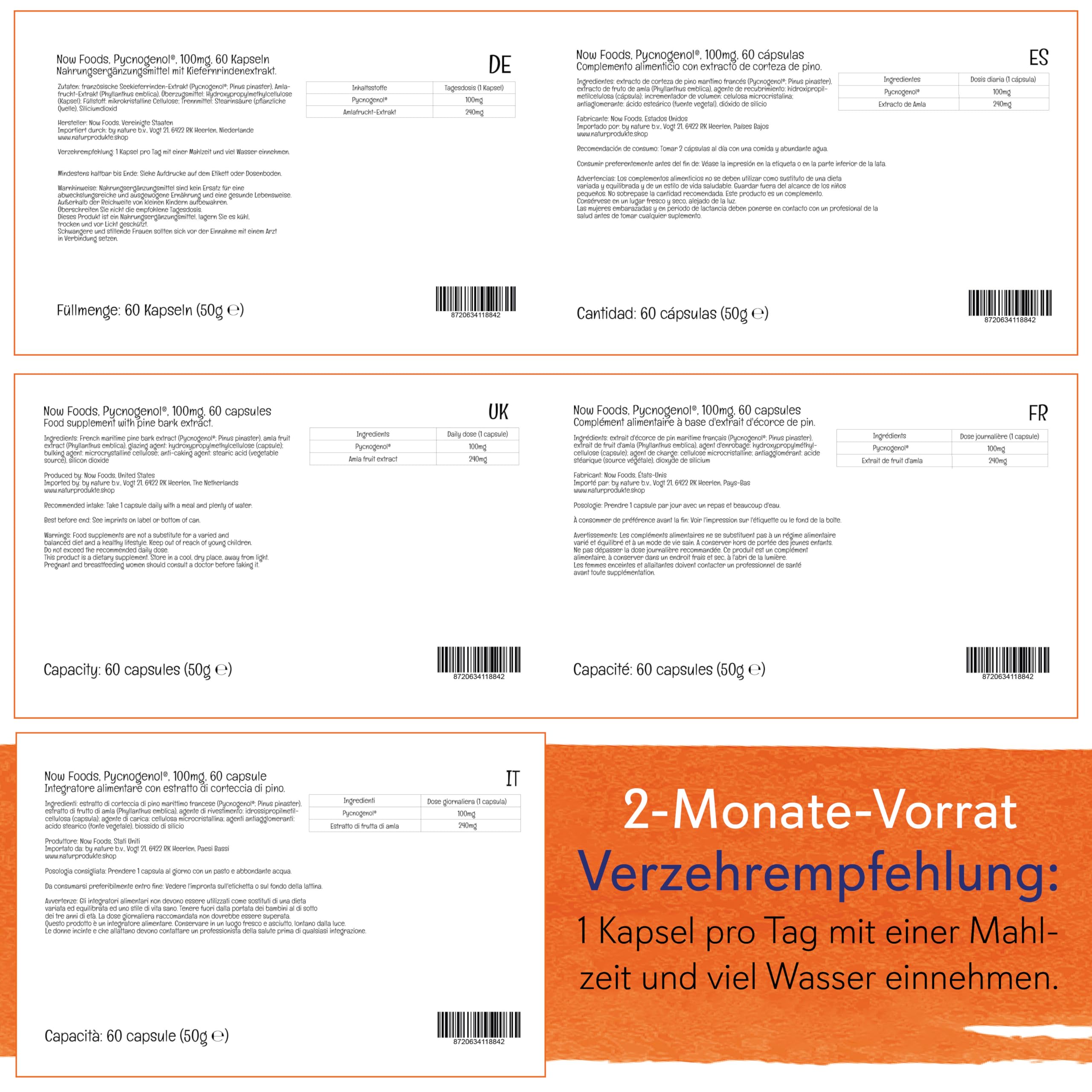 Now Foods, Pycnogenol, 100mg, mit Amla-Frucht, 60 vegane Kapseln, Laborgeprüft, Sojafrei, Glutenfrei, Vegetarisch, Ohne Gentechnik