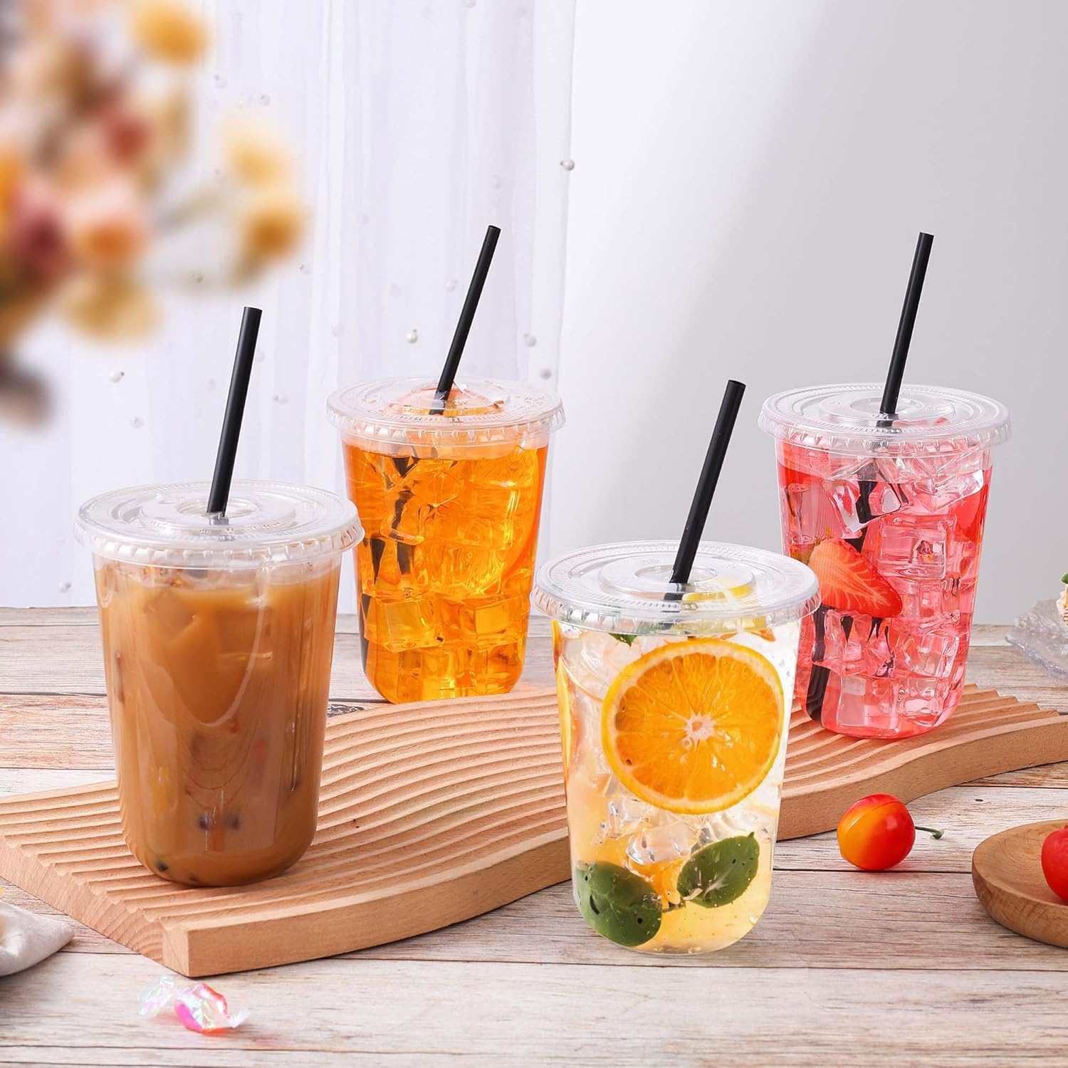 tchrules 100 Set 16oz Plastic Cups with Lids and Straws, Disposable Clear Iced Coffee Cup with Lid, Round Bottom Plastic To Go Cups for Cold Drinks Slushie Smoothie Lemonade Party Picnic Shop Supplies - Image 3