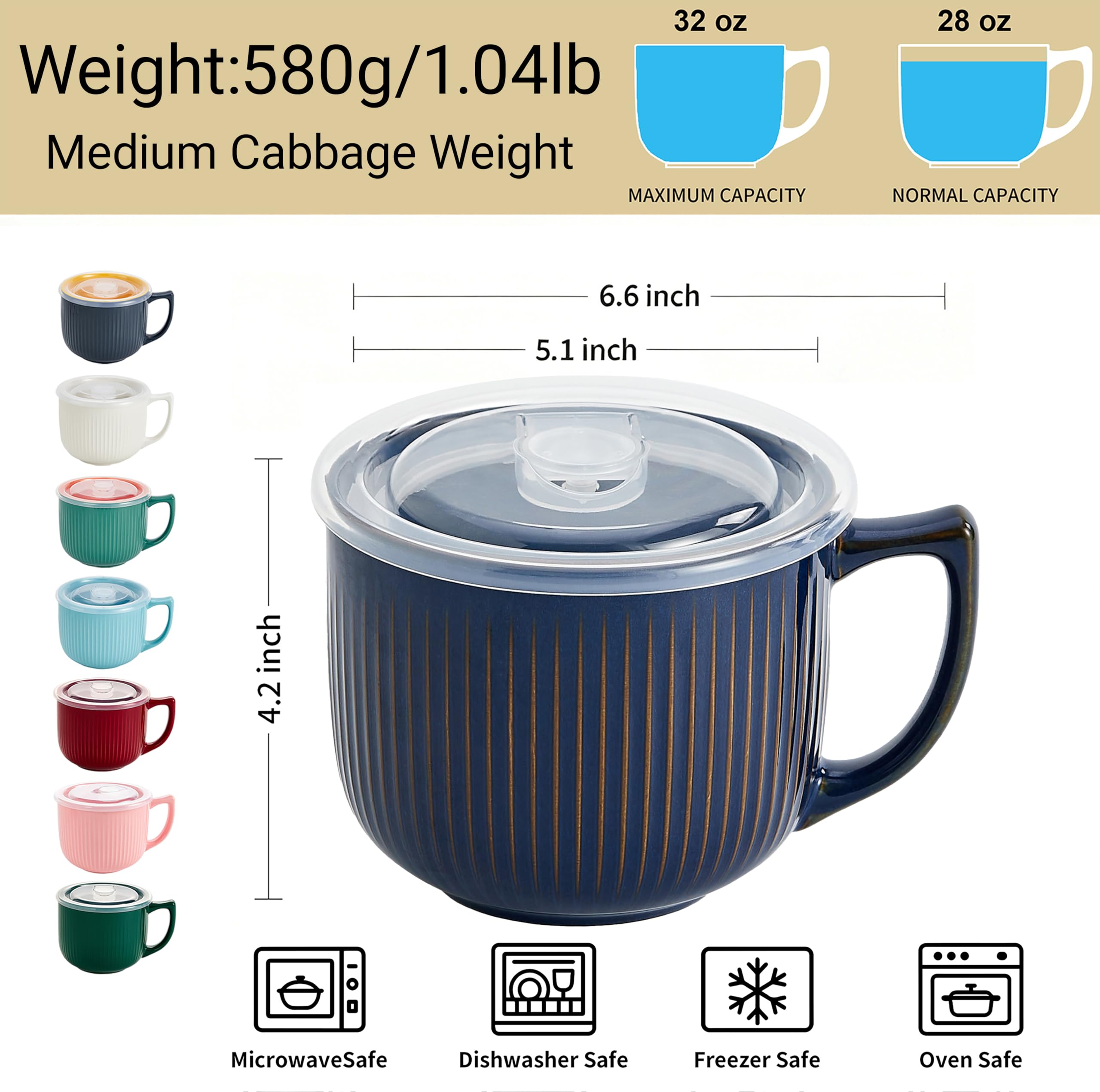 Cuencos de sopa de cerámica con asa y tapa ventilada, taza de sopa grande y profunda de 32 onzas con tapa, cuencos de ramen de viaje para fideos instantáneos y cereales, juego de 2, aptos para