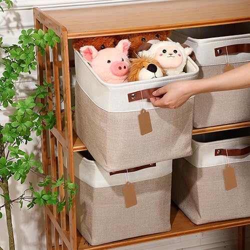 Miniatura 2 de Uiifan 10 contenedores plegables de almacenamiento de tela, canastas de almacenamiento plegables con asas, cesta de tela, organizador de lino para