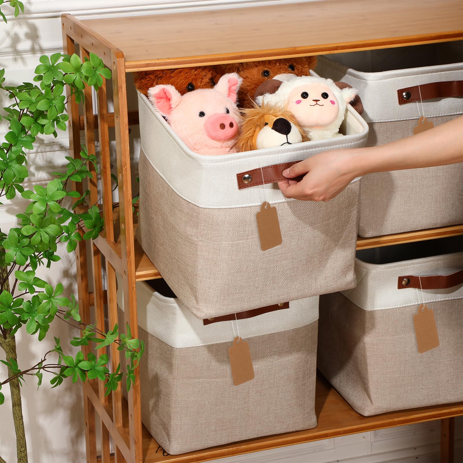 Uiifan Faltbare Aufbewahrungskörbe aus Stoff, faltbar, mit Griffen, Stoff-Organizer, Leinen-Regalkörbe für Regale, Zuhause, Schrank, Kinderzimmer, Spielzeug (30,5 x 30,5 x 30,5 cm, Beige und Weiß), 10