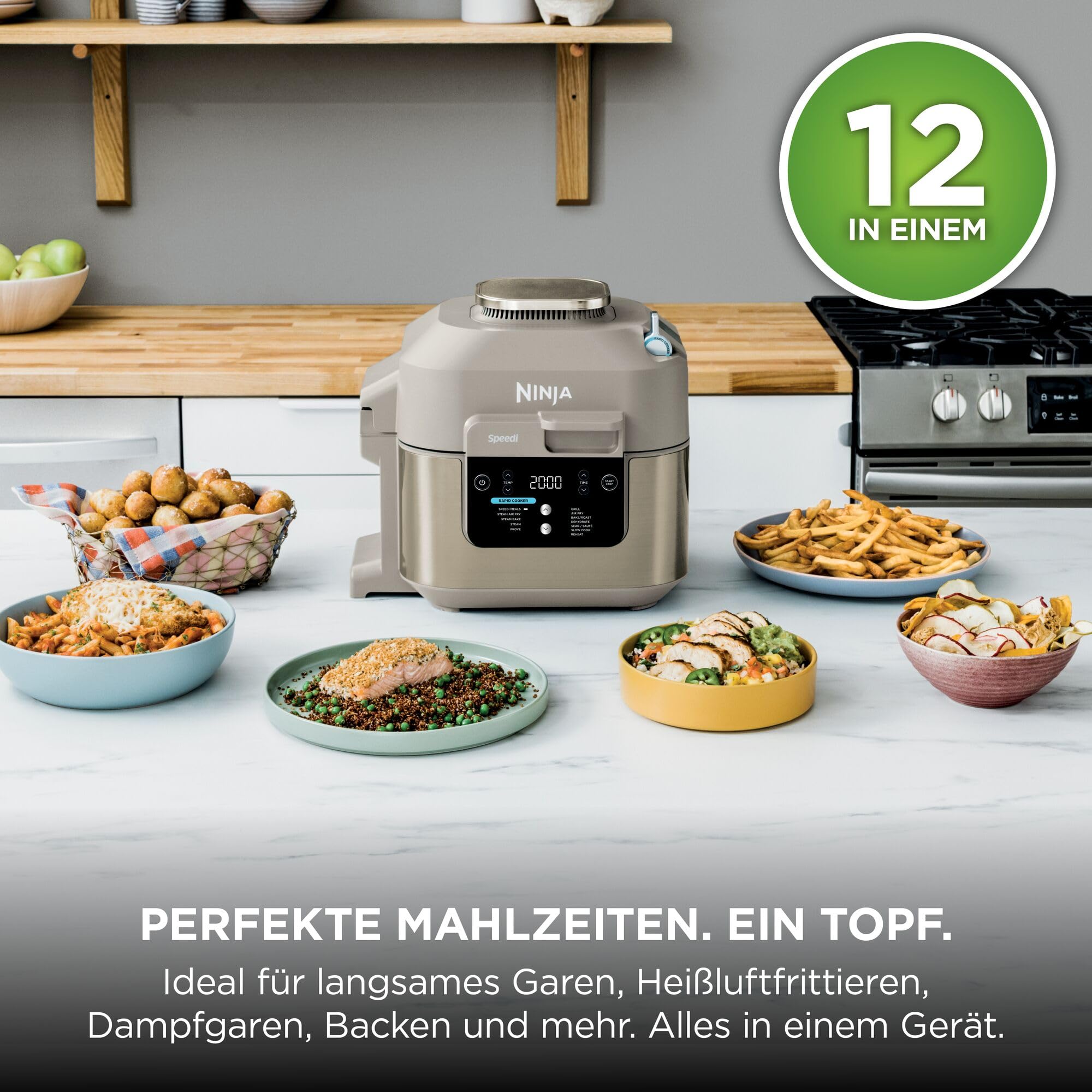 Ninja Speedi Multikocher, 5,7L, 12-in-1 Multicooker, Air fryer Heißluftfritteuse, Slow Cooker Langsamkochen, Grillen, Backen, Stone Gold ON500EUSTGD