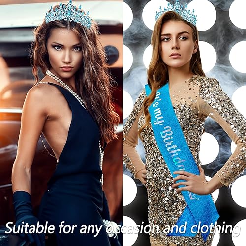 Miniatura 3 de VELSCRUN Tiara de cristal azul para mujeres y niñas, corona de princesa con peines para decoración de fiesta de cumpleaños, regalo de cumpleaños