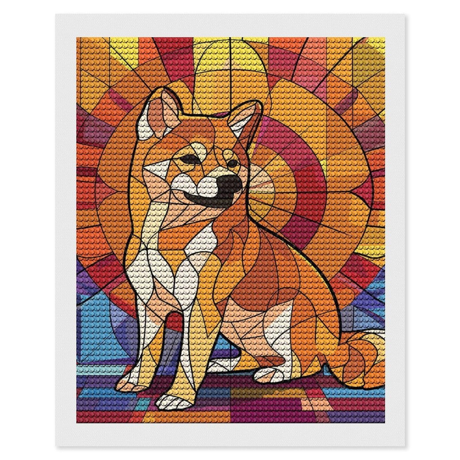 Junmoney Shiba Inu Stained Glass Art Round Drill Diamond Painting 16"x20", for Craft Lovers, Stress Relief Craft, Bedroom Decor, Festive Craft Gift