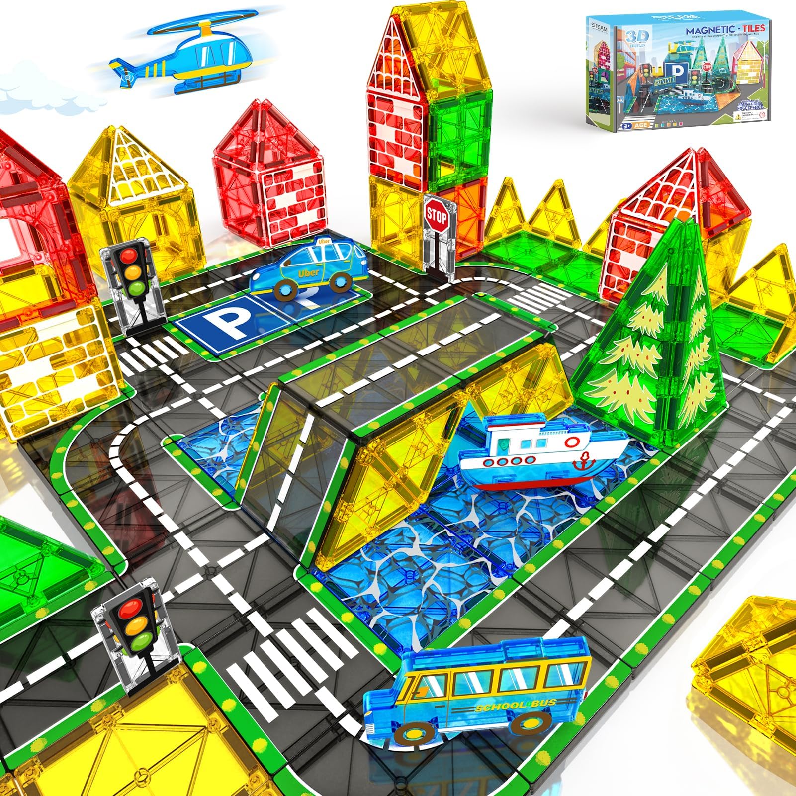 Magnetic Tiles City Road Set Kids Toys for 3 Year Old Boys Girls Magnetic Building Blocks with Cars Toys Construction Educational Magnets Tiles Gifts for Kids Toddlers Age 3-5 4-8 6 Christmas Birthday