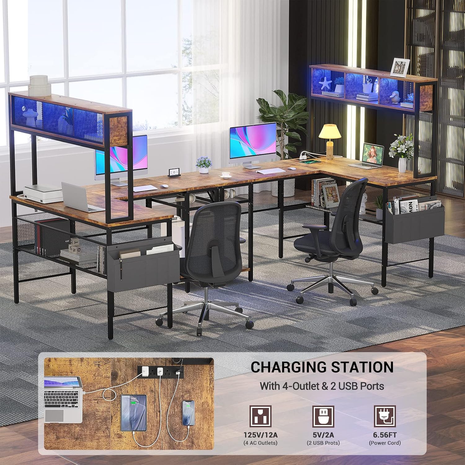 Aheaplus L Shaped Gaming Desk with LED Lights & Power Outlets, 55 Inch L-Shaped Computer Desk with Storage Shelf & Monitor Stand, Corner Desks 2 Person Reversible Desk Home Office Desk, Rustic Brown