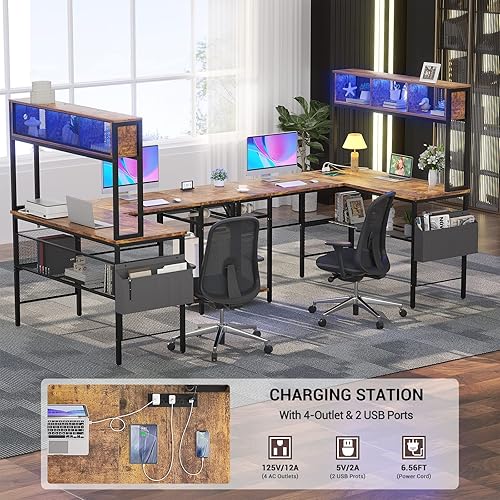 Miniatura 7 de Unikito Escritorio para juegos en forma de L con luces LED y tomas de corriente, escritorio reversible para computadora con estantes de