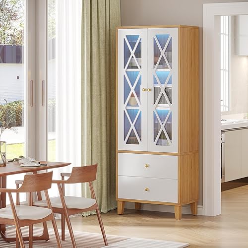 Miniatura 5 de Tribesigns Estantería de 63 pulgadas de alto con puertas, estantería grande independiente con luces LED, estanterías de madera con 2 cajones y 3