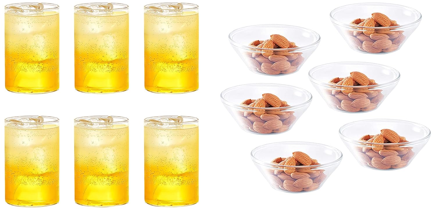 Buy Borosil Vision Glass Set, 295ml, Set of 6, Transparent & Venus Glass Katori Set, 170ml, Set