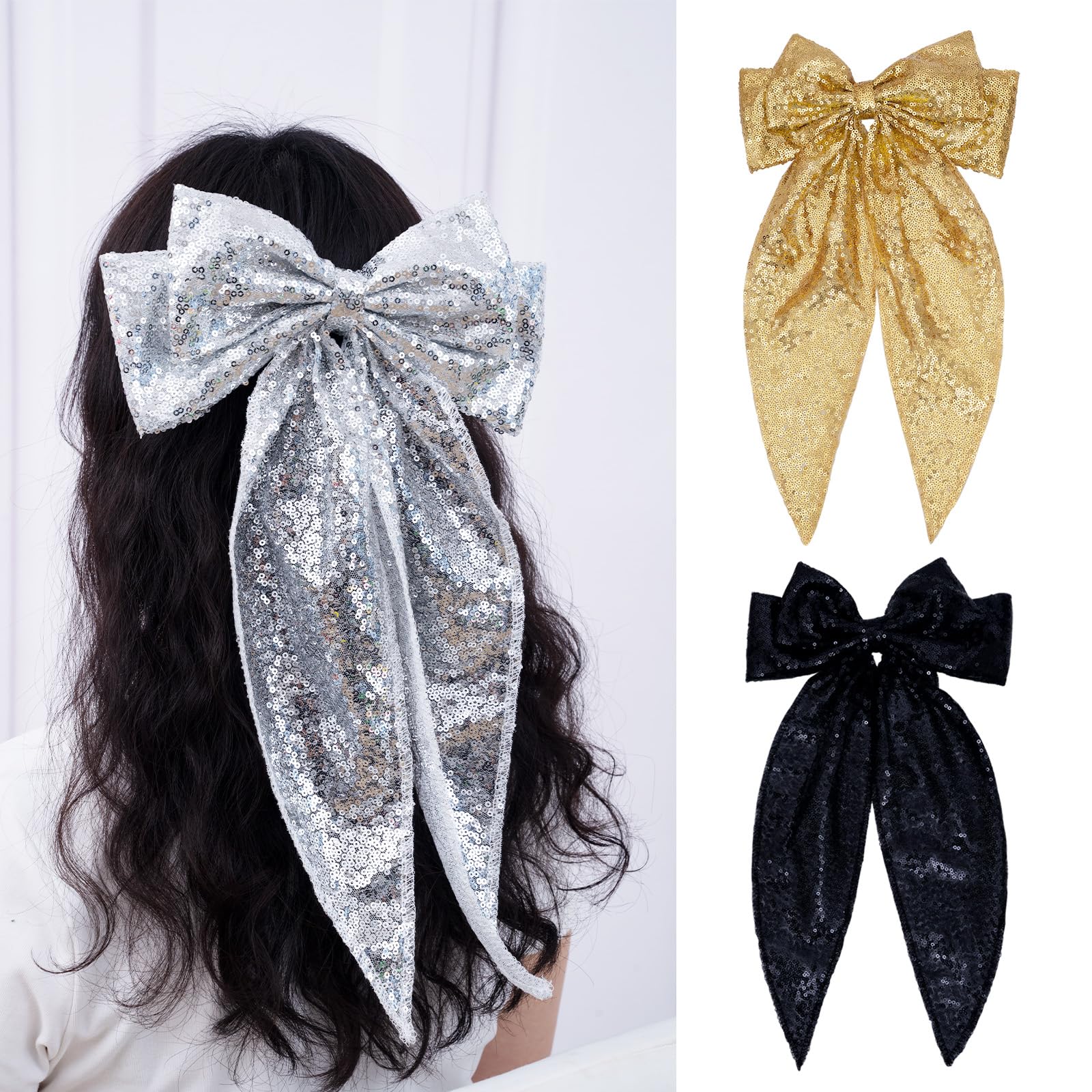 Eternal Beauty Sequin Bow Hair Clip Big Hairpin French Solid Color Barrette Soft air Bowknot Accessories for Women Girls 2Pcs (Silver and Black) - Image 2