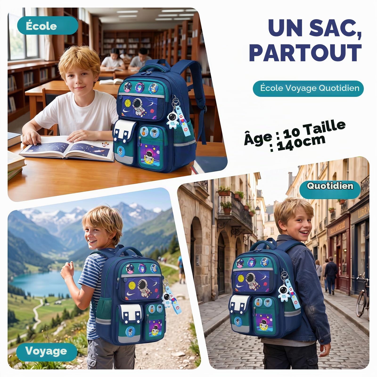 Amythe Sac à Dos Enfant Garçon 8-12 Ans – Cartable École Primaire CE1-CM2, Ergonomique Léger avec Bandes Réfléchissantes, Compartiment A4, Oxford Imperméable pour la Rentrée, Vert