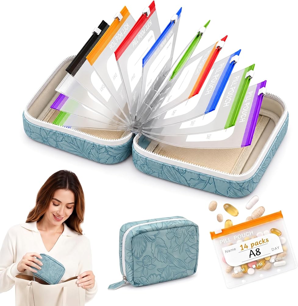 A8 Waterproof Pill Organizer Bag, 14 AM PM Medicine Pouches with Writable Labels, Floral Travel Medication Storage Case for Vitamins, Supplements and Daily Essentials, Blue — 사진 1