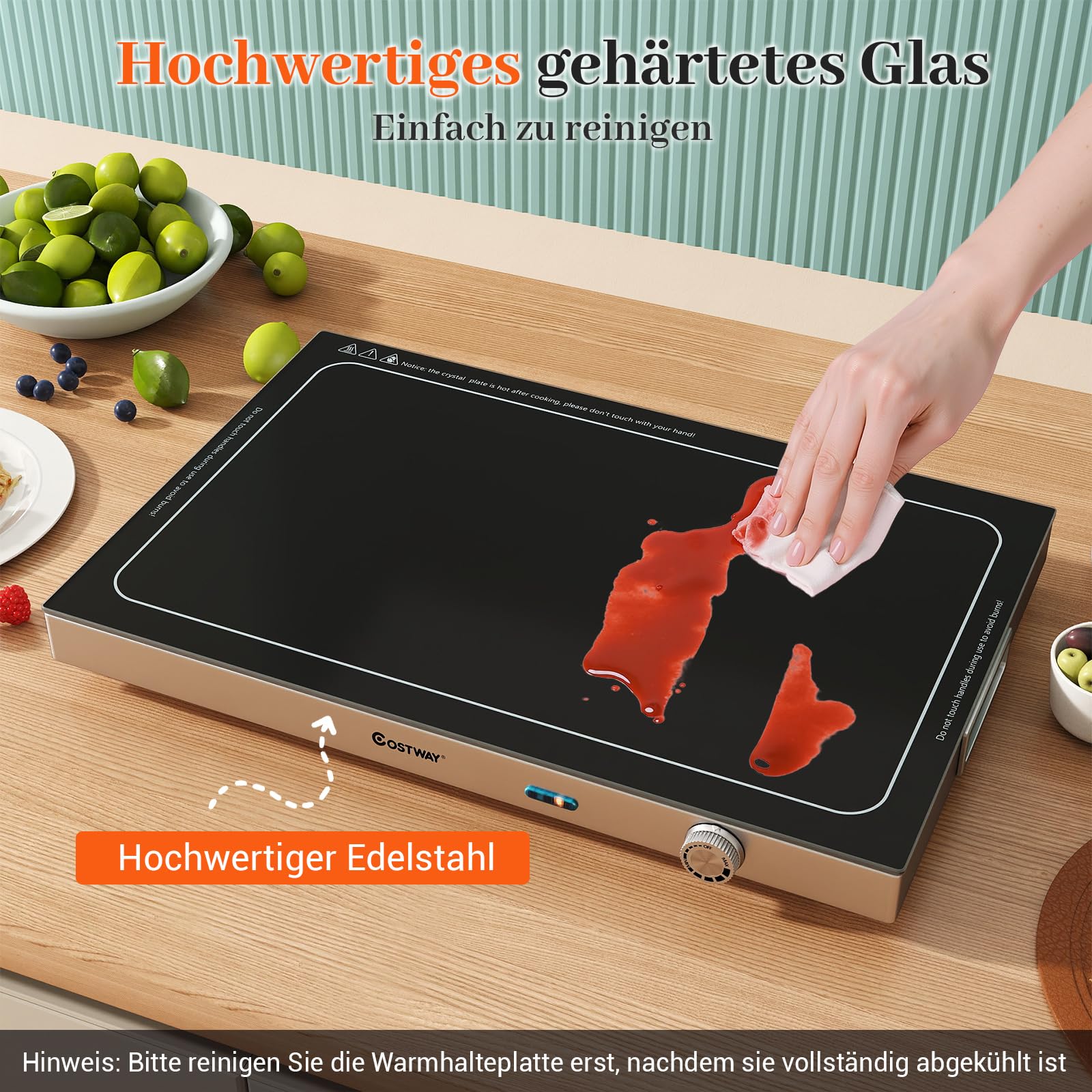 COSTWAY Warmhalteplatte elektrisch, Speisewärmer mit Gehärteter Glasoberfläche und Thermostat bis 120℃, Warmhaltegerät Buffetwärmer Edelstahl für Buffets, Partys 56,5 x 37 cm