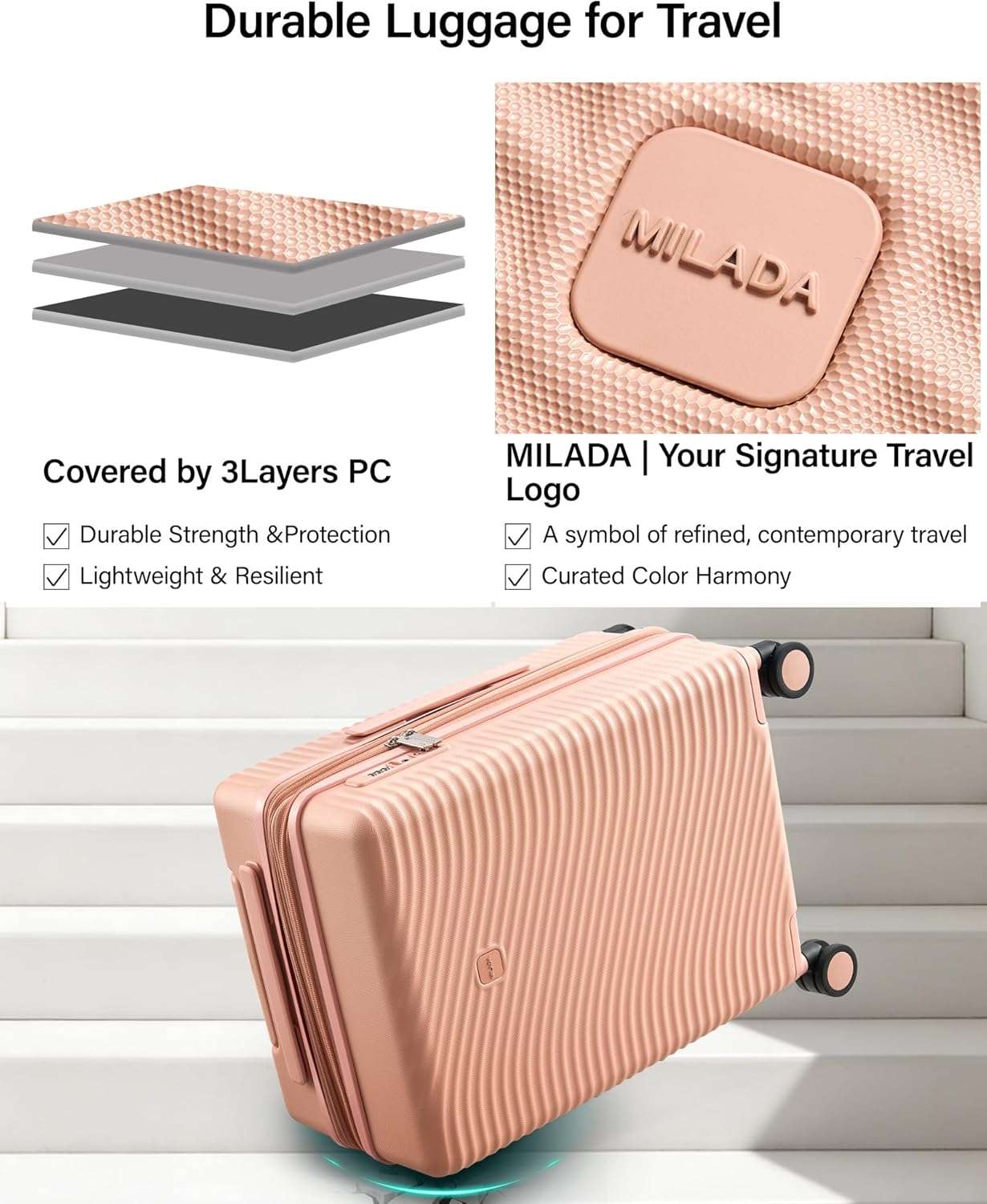 MILADA Expandable Carry On Luggage 20 Inch - Airline Approved Hardshell Suitcase with 8 Spinner Wheels, TSA Lock, Water-Resistant PC Shell, Lightweight & Durable for Travel, Pink