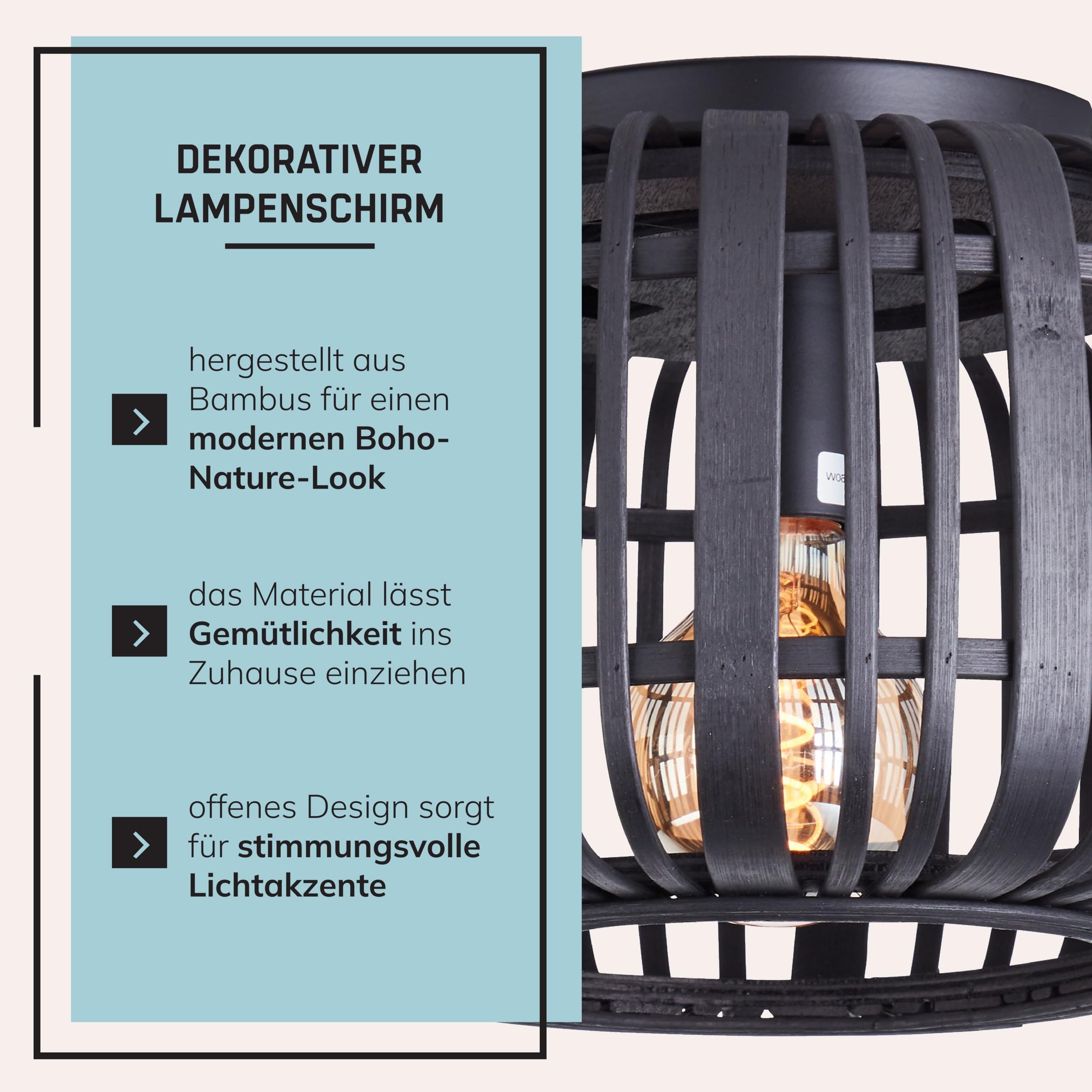 Lightbox Bambus Deckenlampe - runde Deckenleuchte Ø 32 cm mit natürlichem Schirm - Boho Lampe für Wohnzimmer, Schlafzimmer & Flur - E27 Fassung exkl. LED