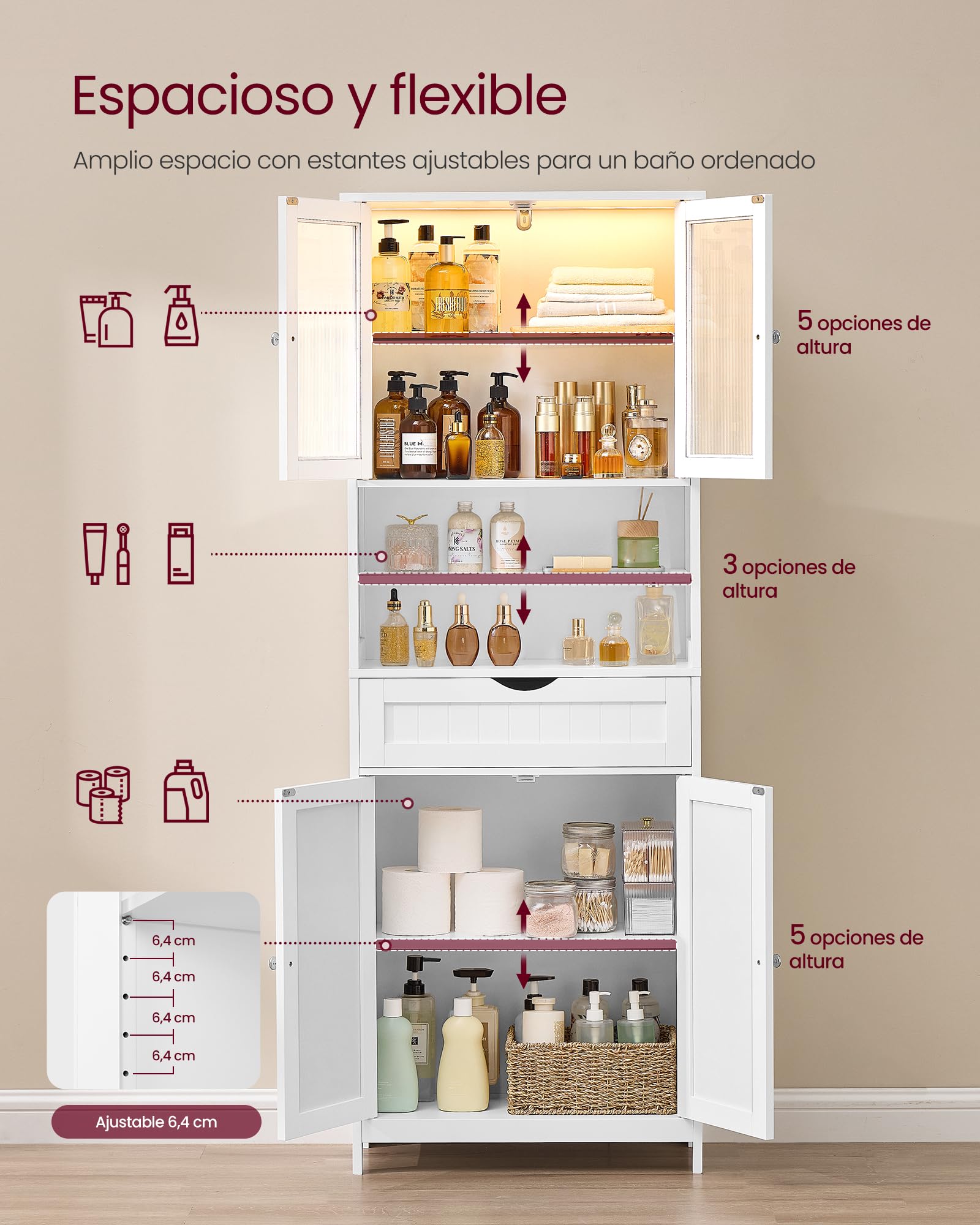 VASAGLE Armario de Almacenamiento con Iluminación, Armario de Baño, con Estantes Ajustables, Cajón, Compartimentos Abiertos, para Baño, Sala de Estar, Comedor, Blanco Nube BBC767W03