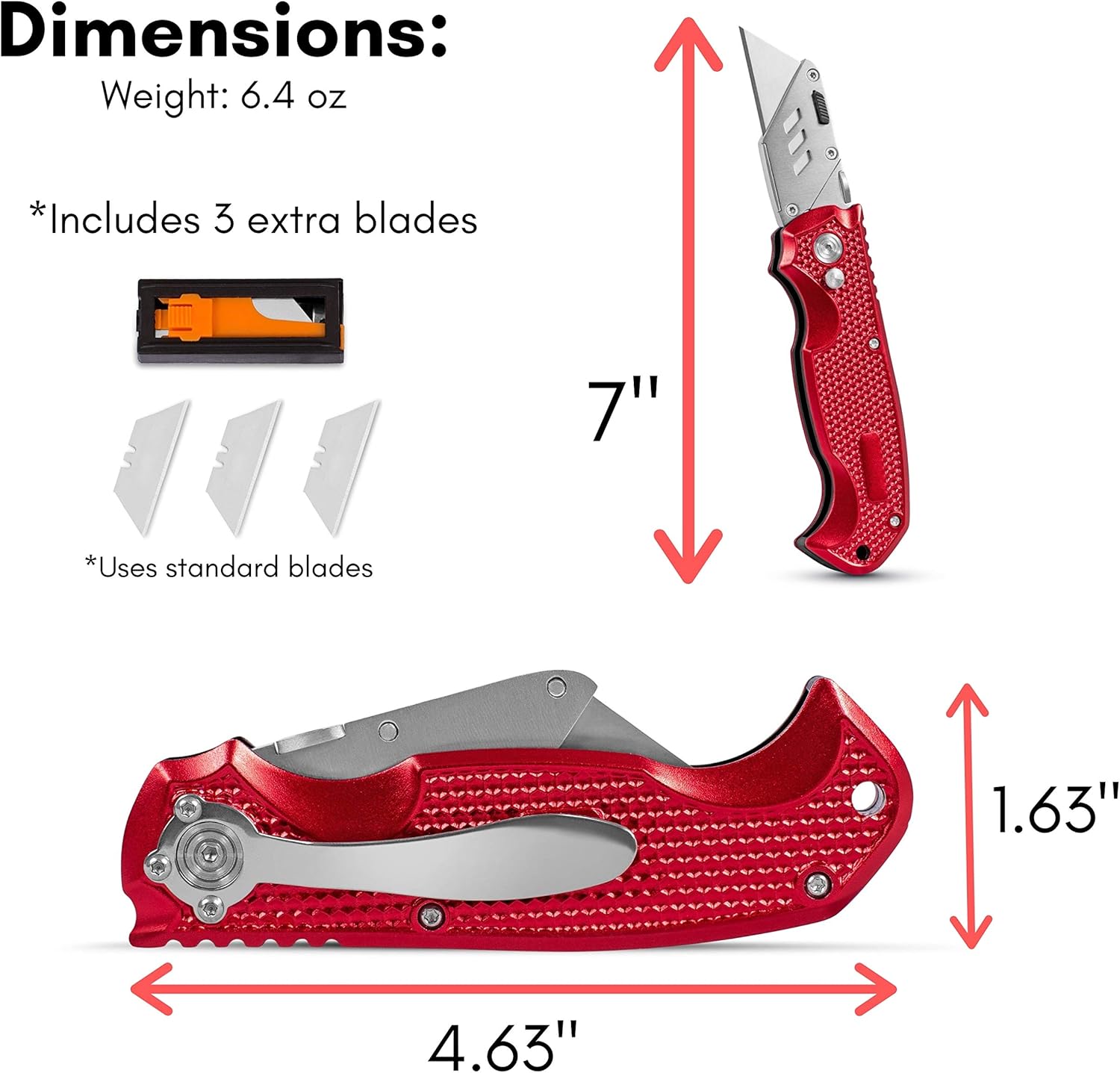 BIRDROCK HOME Utility Knife Set - Retractable Box Cutter with Heavy Duty Razor Blade - Professional Cutting Tool for Cardboard, Package, Warehouse, Office, Construction - 3 Extra Blades Refill - Red