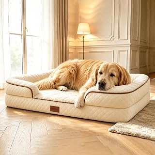 Large Dog Sofa Bed with Reusable Potty Pad - 31"X21"X5.9" Beige Medium | Reusable Potty Pad Included Soft Plush Sleeping Surface Non-Slip Bottom Neutral Beige Color Removable Bolster Design