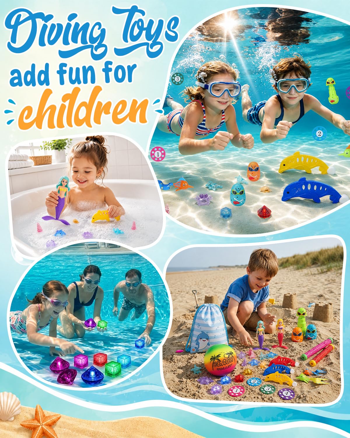 34 Pièces Jouets de Plongée, Jouet de Natation pour Piscine avec Cubes Lumineux à LED et Diamants de Cristal, Jeux Piscine Enfant avec Ballons de Plage et Sirènes Tournantes