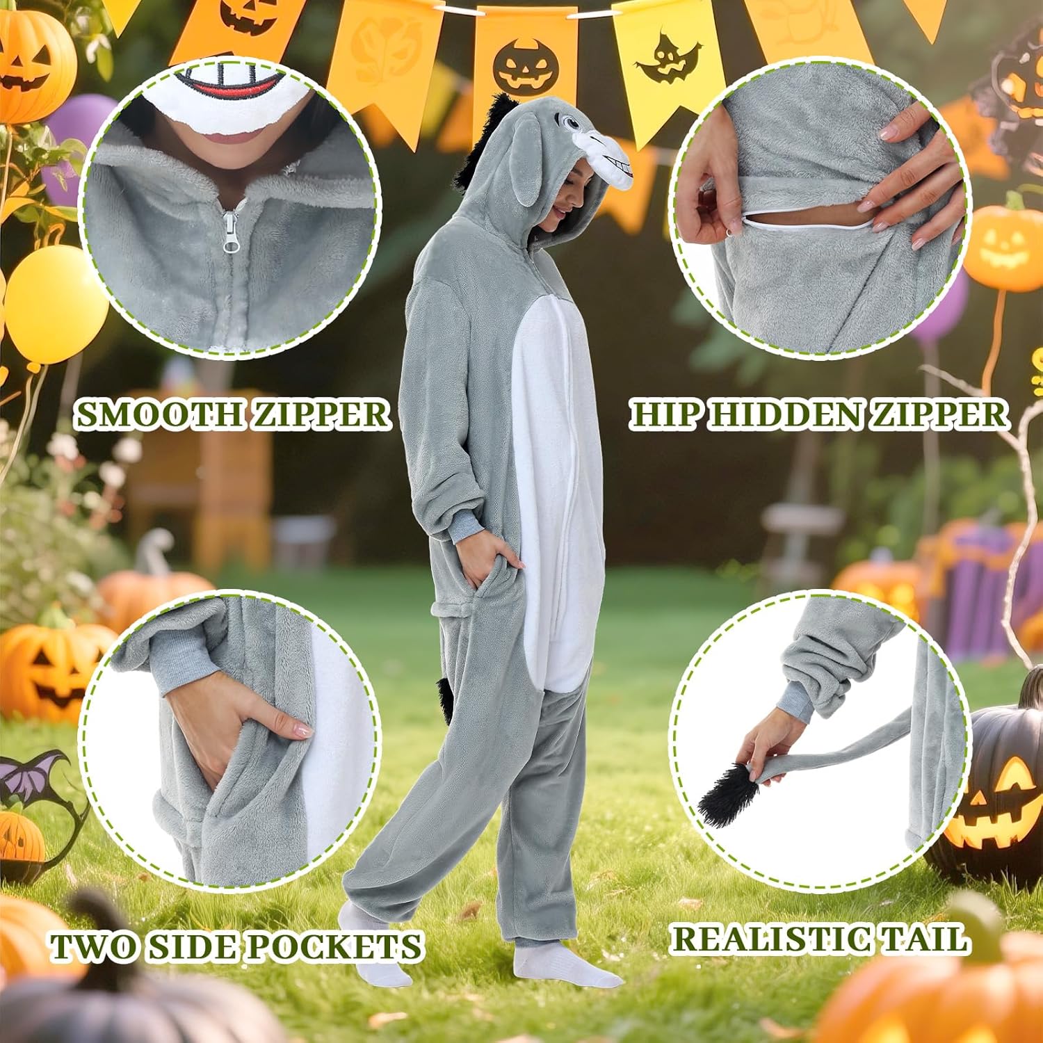 Donkey Onesie Costume Unisex Adult - Grey Hooded Animal Outfit for Halloween, Cosplay, Costume Party - Image 6