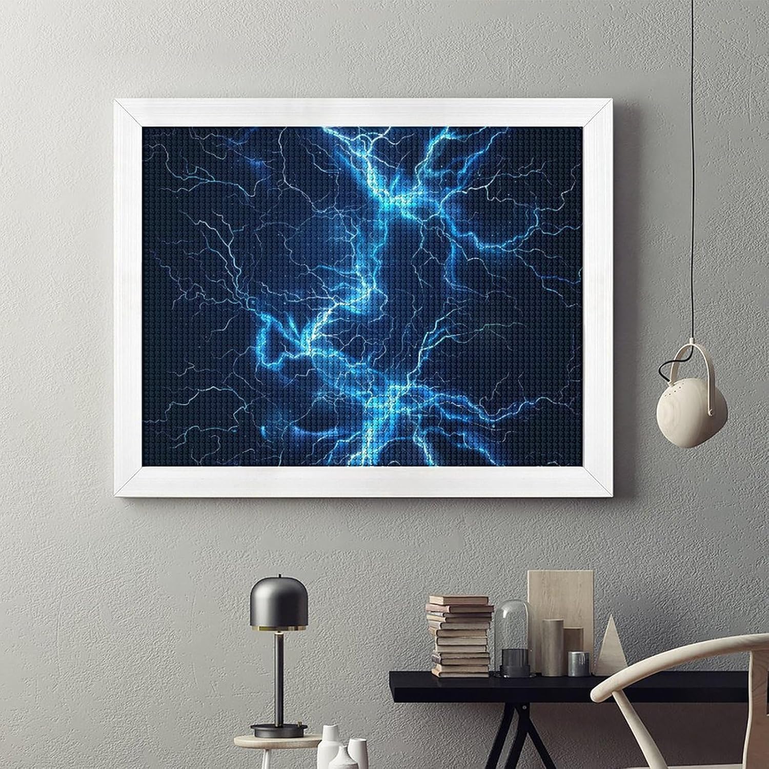 Glowing Blue Thunder Printed Diamond 5D Painting Kit 16x20in DIY Full Drill Craft with Tools for Home Wall Decor Gift White Wood 50 * 40cm