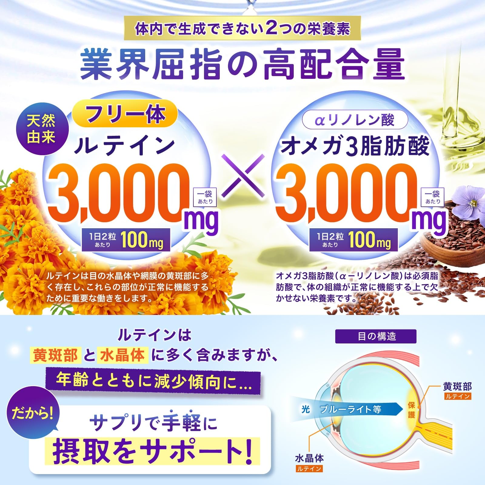 Amazon | ルテイン ＋ オメガ3脂肪酸 200㎎ 高濃度 ルテイン 100