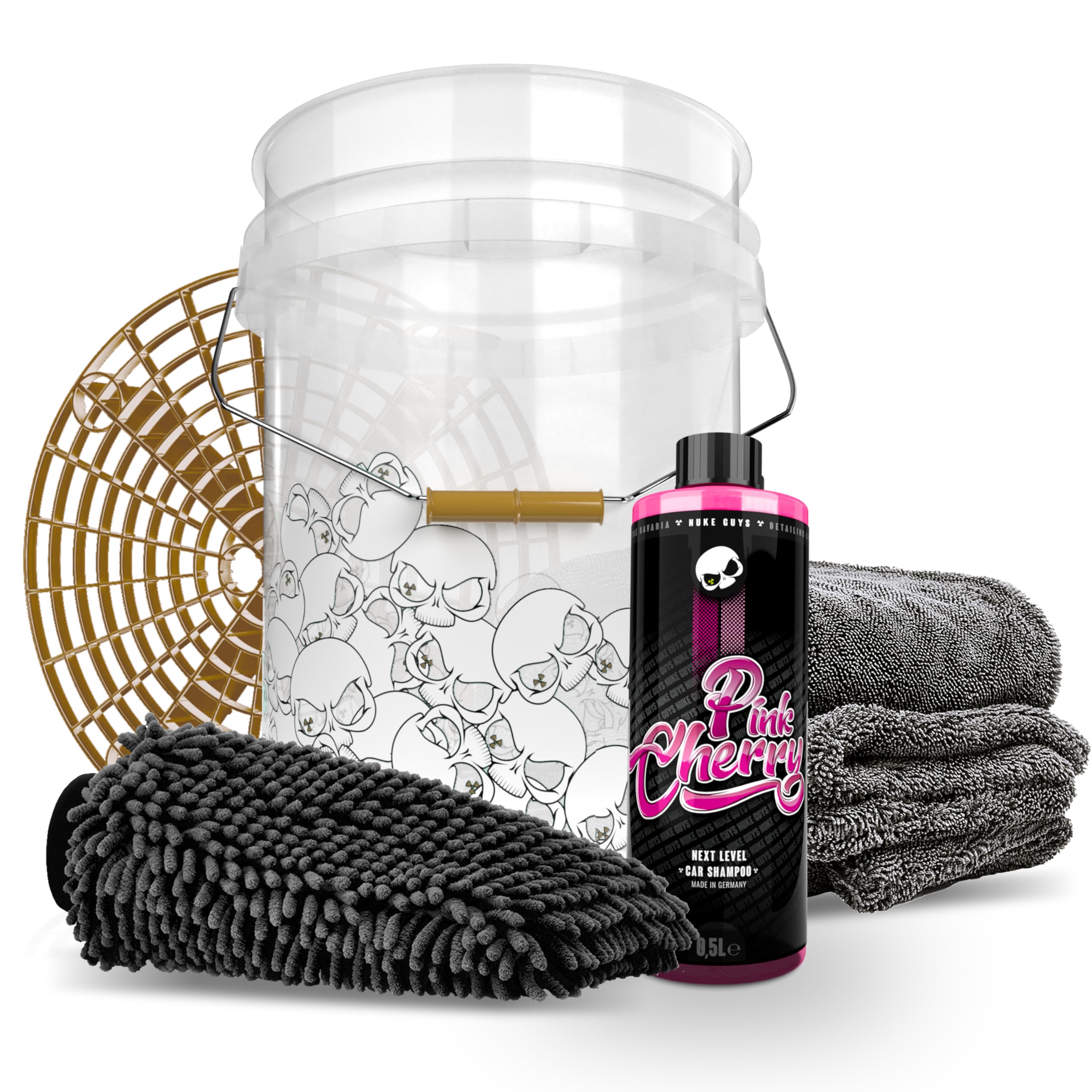 Autowäsche Set Nuke Guys - Wascheimer mit GritGuard Schmutzfalle - Pink Cherry Autoshampoo - Gamma Dryer Trockentuch - Mikrofaser Waschhandschuh - Autopflege Aussen