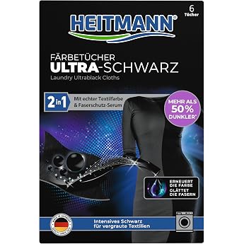 HEITMANN 2-in-1 Dyeing Cloths Ultra Black Textile Colour Black for Care and Against Brushed Black Clothing Dye for Textiles for Use in the Washing Machine 6 Cloths