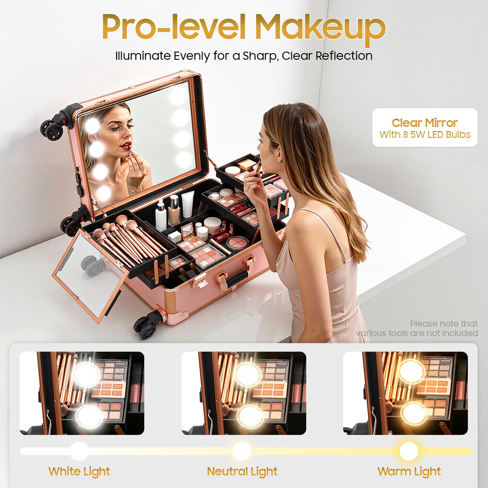 Maletín de Maquillaje Profesional con Luz LED y Espejo, Trolley de Maquillaje con Ruedas 360°, Patas Ajustables, Estación de Belleza Portátil para Maquilladores, Peluquería, Estética y Uñas