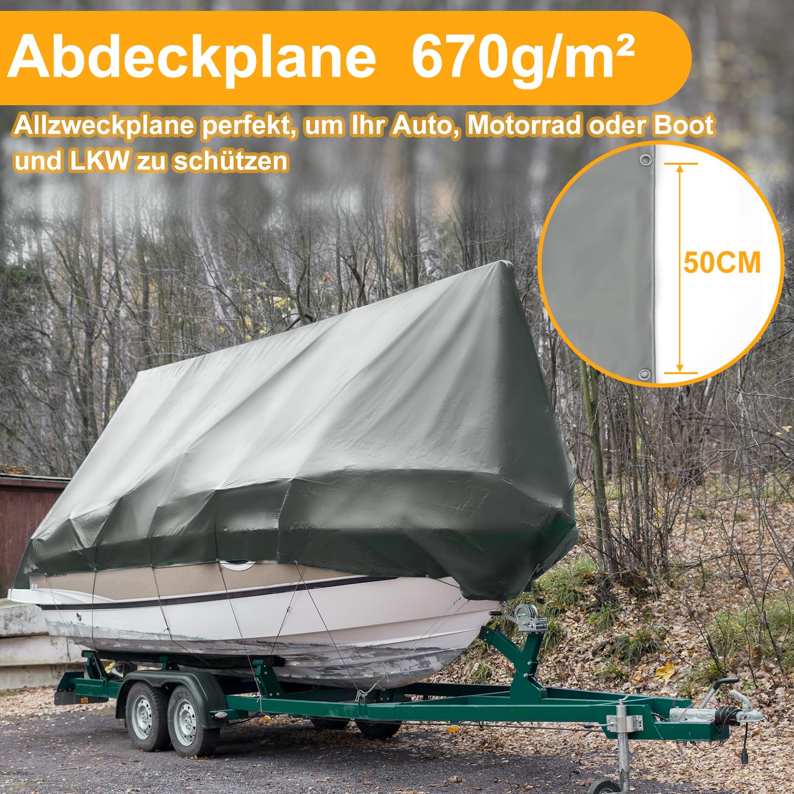 Szara plandeka okryciowa 670 g/m², plandeka do samochodów ciężarowych z oczkami, plandeka z tkaniny PCW, wodoszczelna, odporna na rozerwanie i promieniowanie UV, na łódź, ciężarówkę, przyczepę, basen
