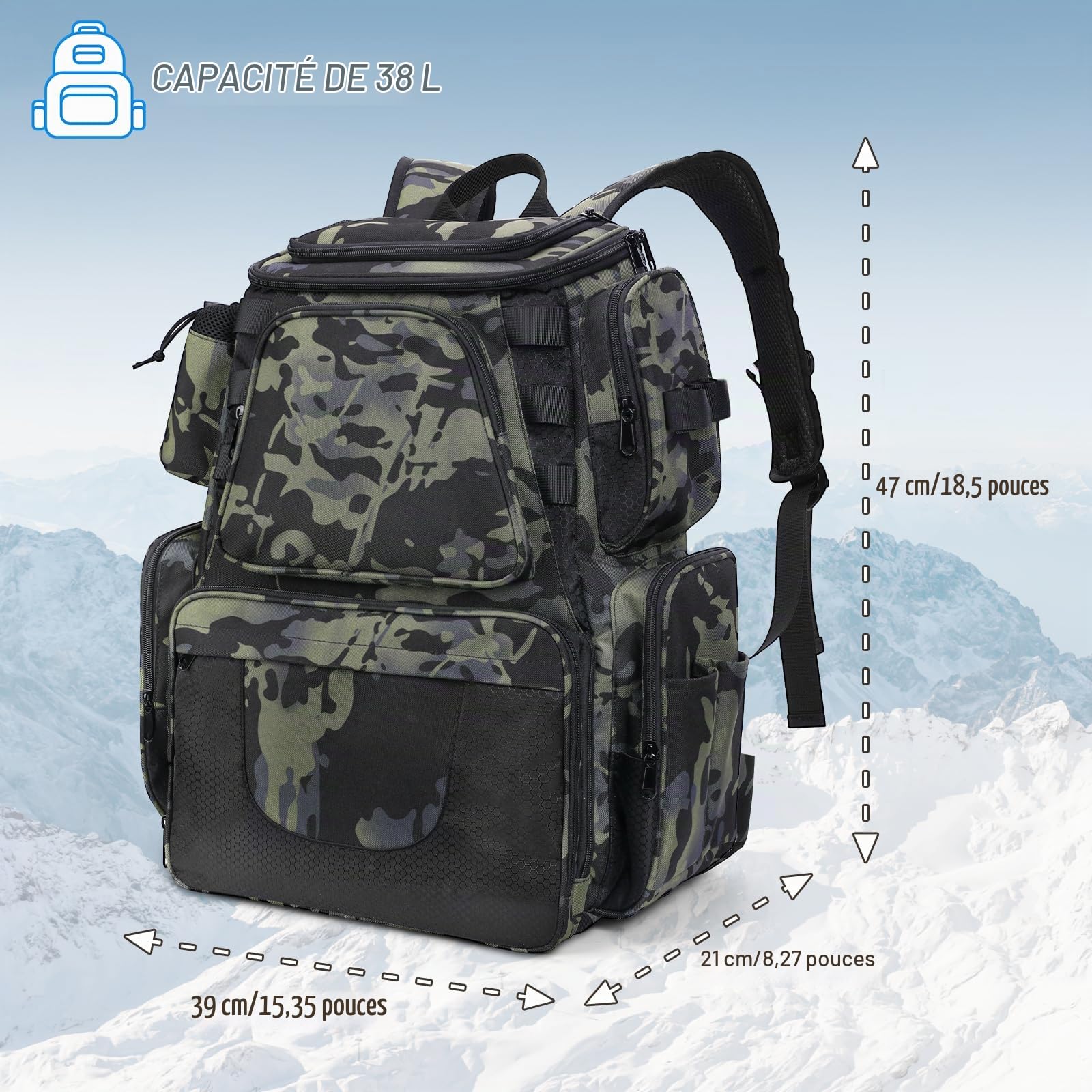 38L Sac à Dos de Pêche pour Organisation et Rangement des Plateaux avec Support de Canne - Bandoulière pour Randonnée, Chasse, Camping