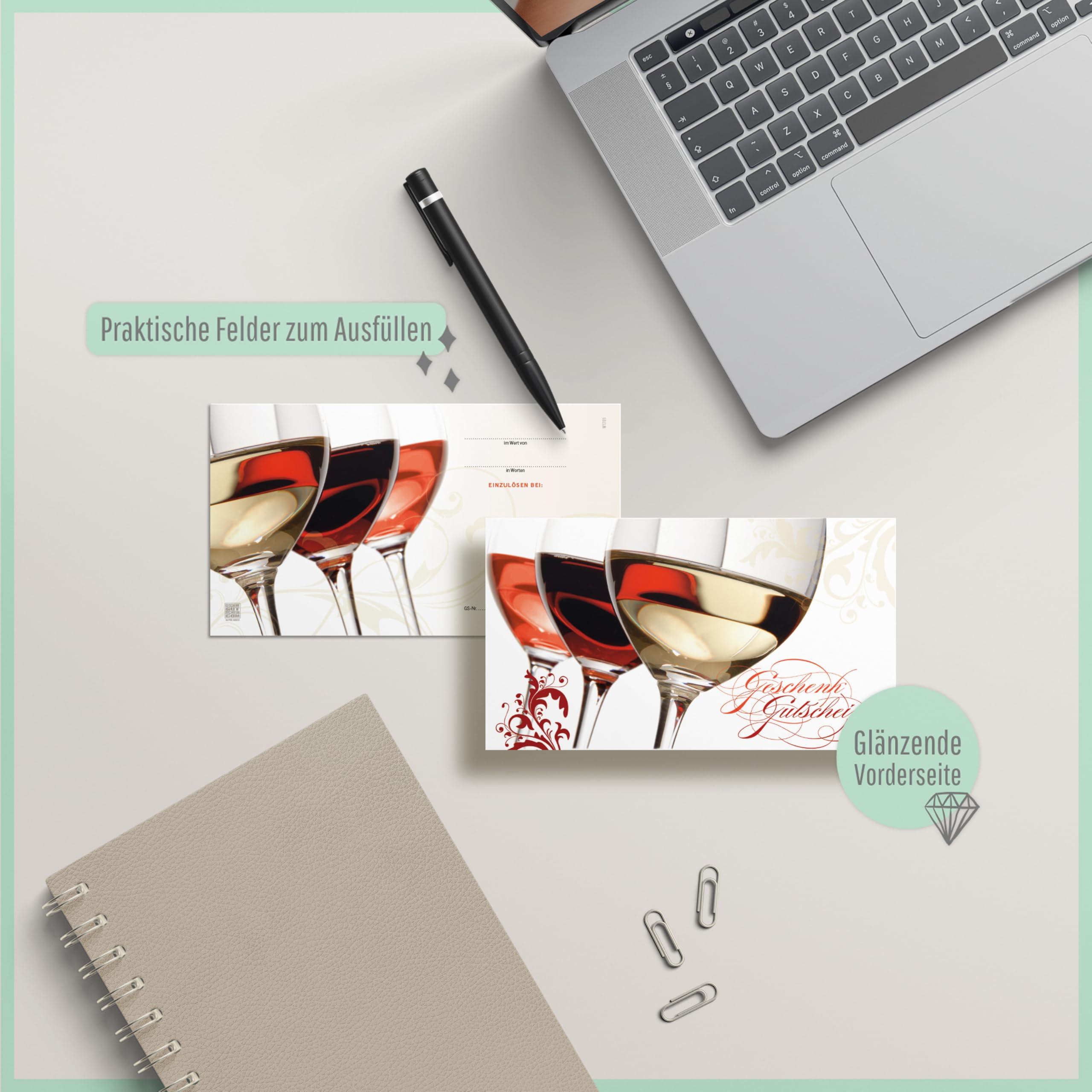 Gutschein-Set. 100x Gutschein + Kuvert. Für Vinothek Weinhändler Getränkehandel, blanko zum selber Ausfüllen.