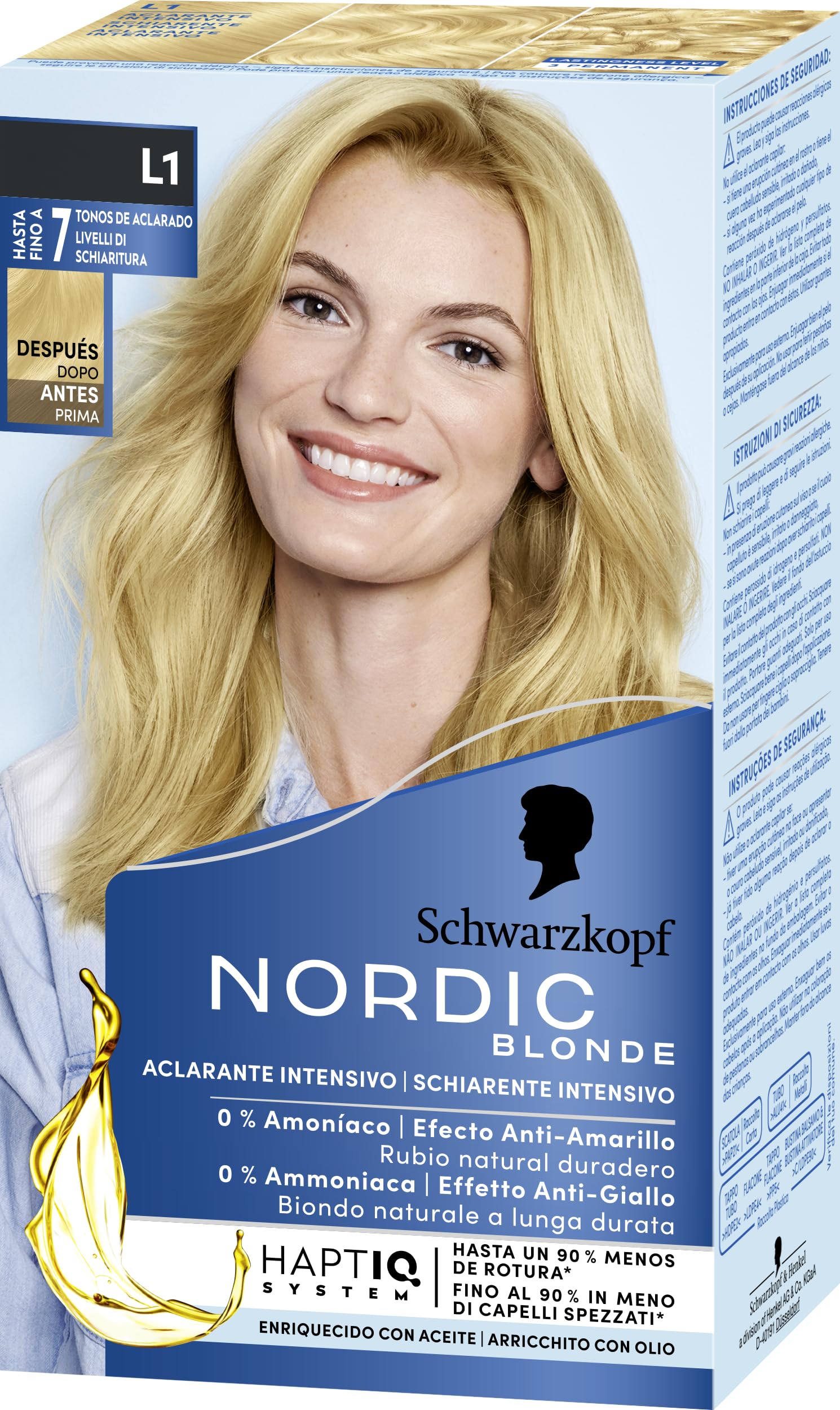 Schwarzkopf - Nordic Blonde L1 Aclarante Intensivo “ Coloración permanente sin amoni­aco “ Aclara hasta 7 tonos - Con aceite activador&OmegaPLEX