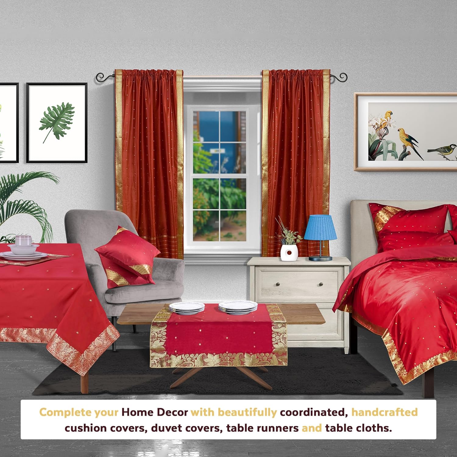 Lined-Maroon 84-inch Rod Pocket Sheer Sari Curtain Panel (India) - Piece