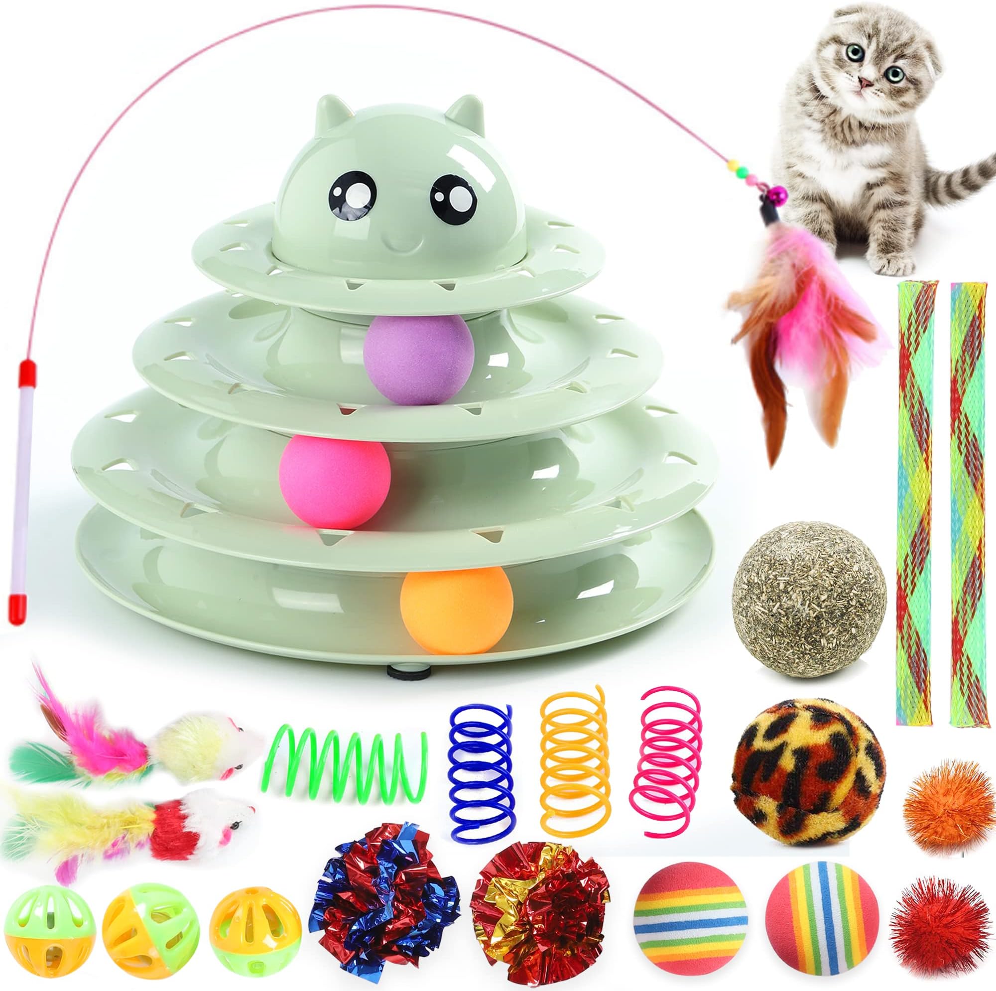 Suhaco 21 Pack Cat Toys for Indoor Cats Interactive Kitten Toy Fun Roller 3 Level Cats Ball Toys with Catnip Ball Self Play Cat Feather Wand Kitty Toy for Boredom (Green)