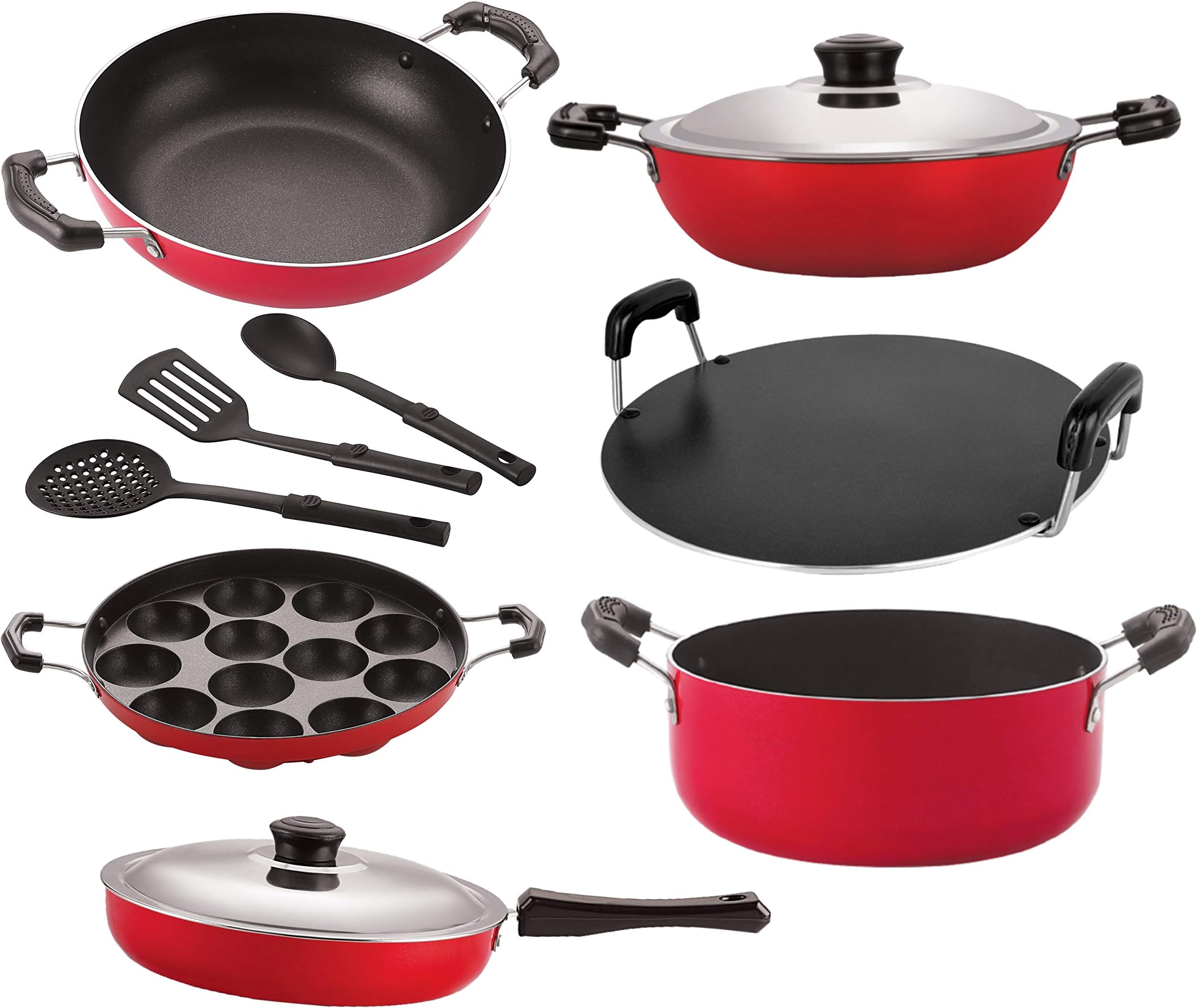 NIRLON Non Stick Aluminium Cookware Combo (26_KD13_DKDB_AP_RT_Cass20_FP12_3SPN, Red) - Set of 9 Pieces