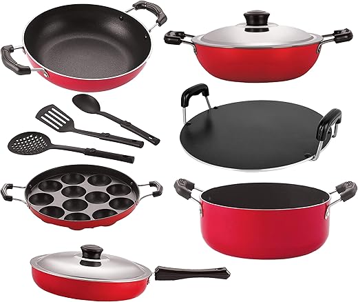 NIRLON Non Stick Aluminium Cookware Combo (26_KD13_DKDB_AP_RT_Cass20_FP12_3SPN, Red) – Set of 9 Pieces