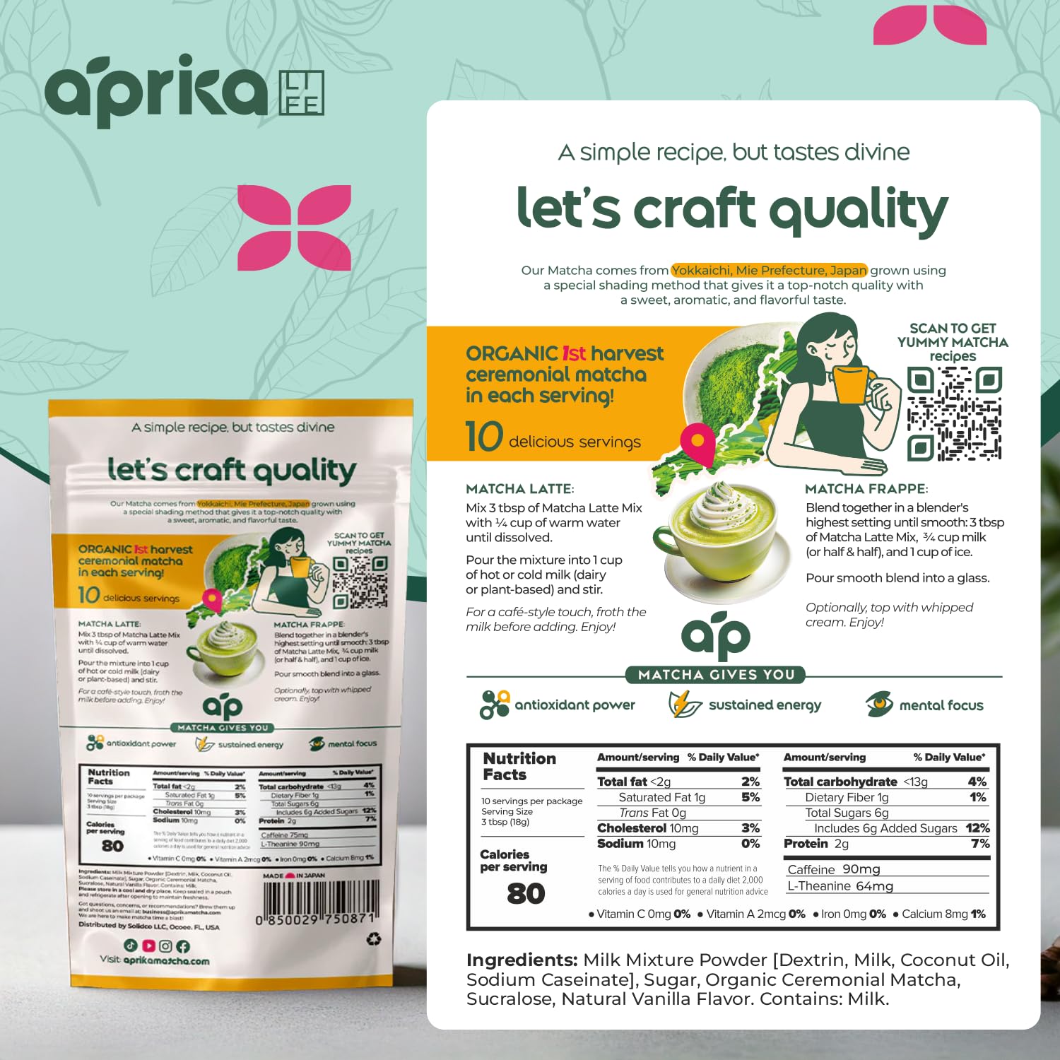 AprikaLife Matcha Latte Powder, Premium Barista Crafted Mix with Natural Vanilla Flavor - Authentically Japanese - 1st Harvest Ceremonial Grade, Sweet Matcha Powder Used by Coffee Shops 6.8 oz / 180g