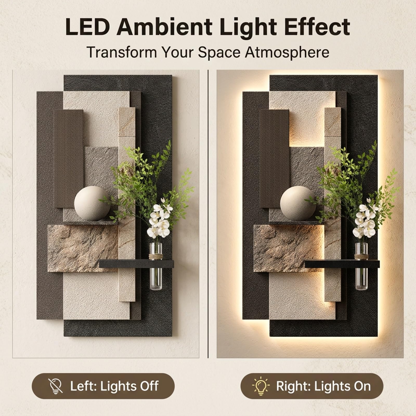 MDEUFYWEGB Decorazione da parete 3D a LED, moderno murale effetto arenaria, opera d'arte luminosa da appendere, complemento d'arredo per soggiorno e ingresso.(D,80 * 40cm/31.5 * 15.7in)
