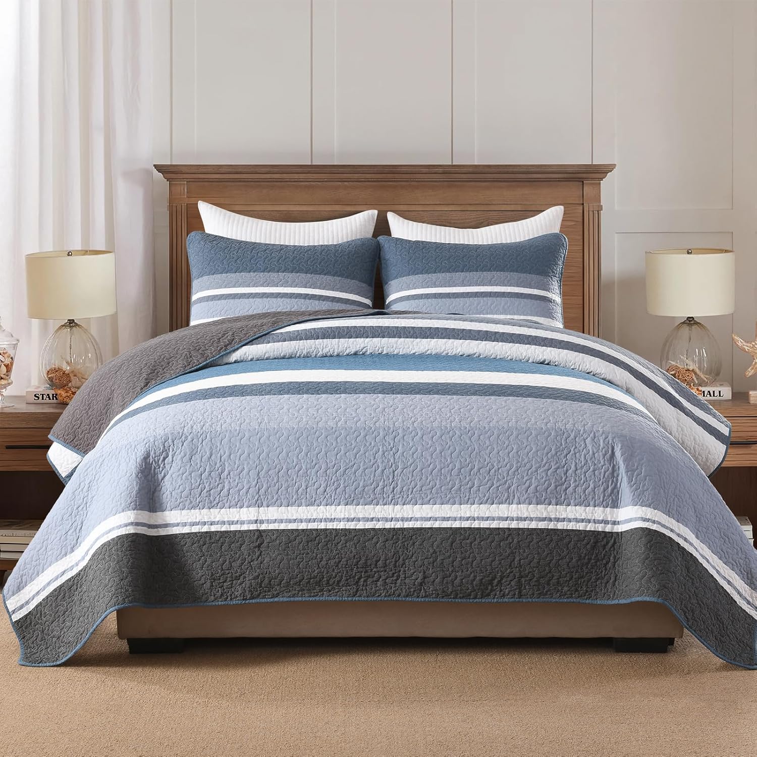 Finlonte Quilt Set King Size, 100% Cotton King Quilt Bedding Set, Modern Striped Bedspread Lightweight Quilted Comforter for King Bed, Blue/White, All Season, 3 Pieces - Image 2