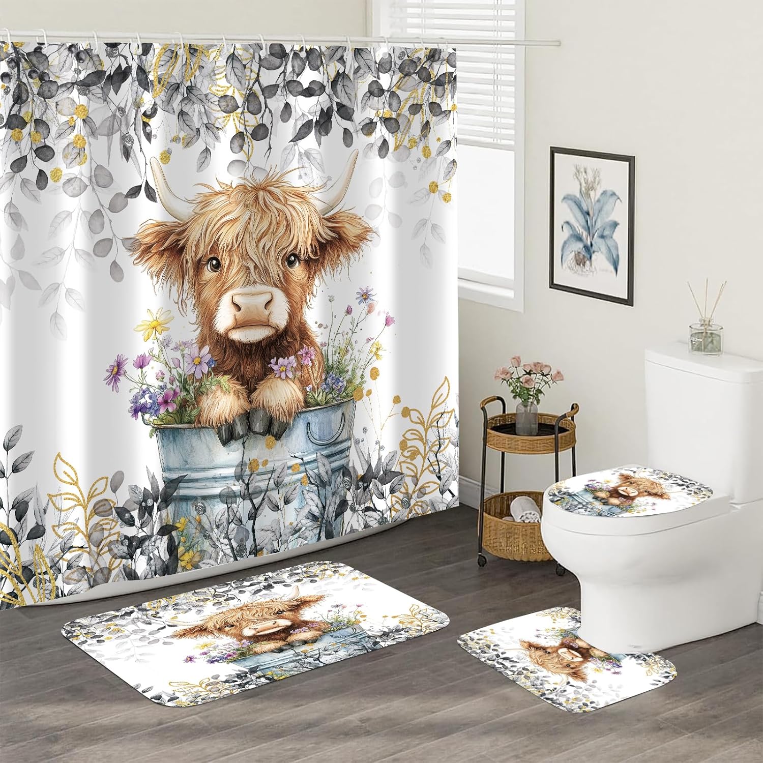 4 Pcs Grey Eucalyptus Highland Cow Shower Curtain Set, Farmhouse Rustic Cow Plant Leaves Bathroom Curtain with Toilet Lid Cover and Non-Slip Rugs, Accessories Home Bathroom Decor 72" X 72"