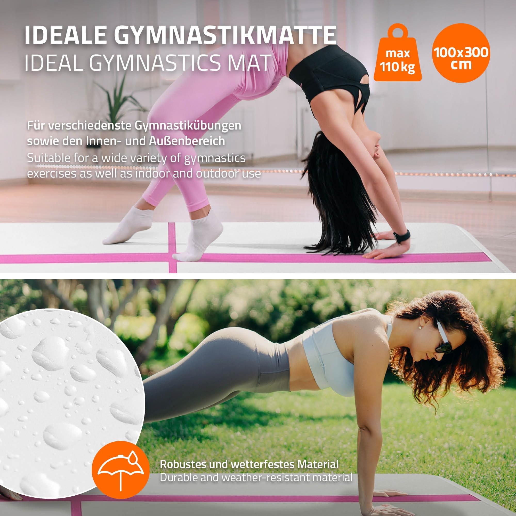 ECD Germany Aufblasbare Gymnastikmatte Turnmatte Airtrack 3m/4m/5m, Rosa/Mint-Grün, Tumbling Matte Air Matte Track Trainingsmatte Sportmatte Fitnessmatte Yogamatte mit Tragetasche & elektr. Luftpumpe