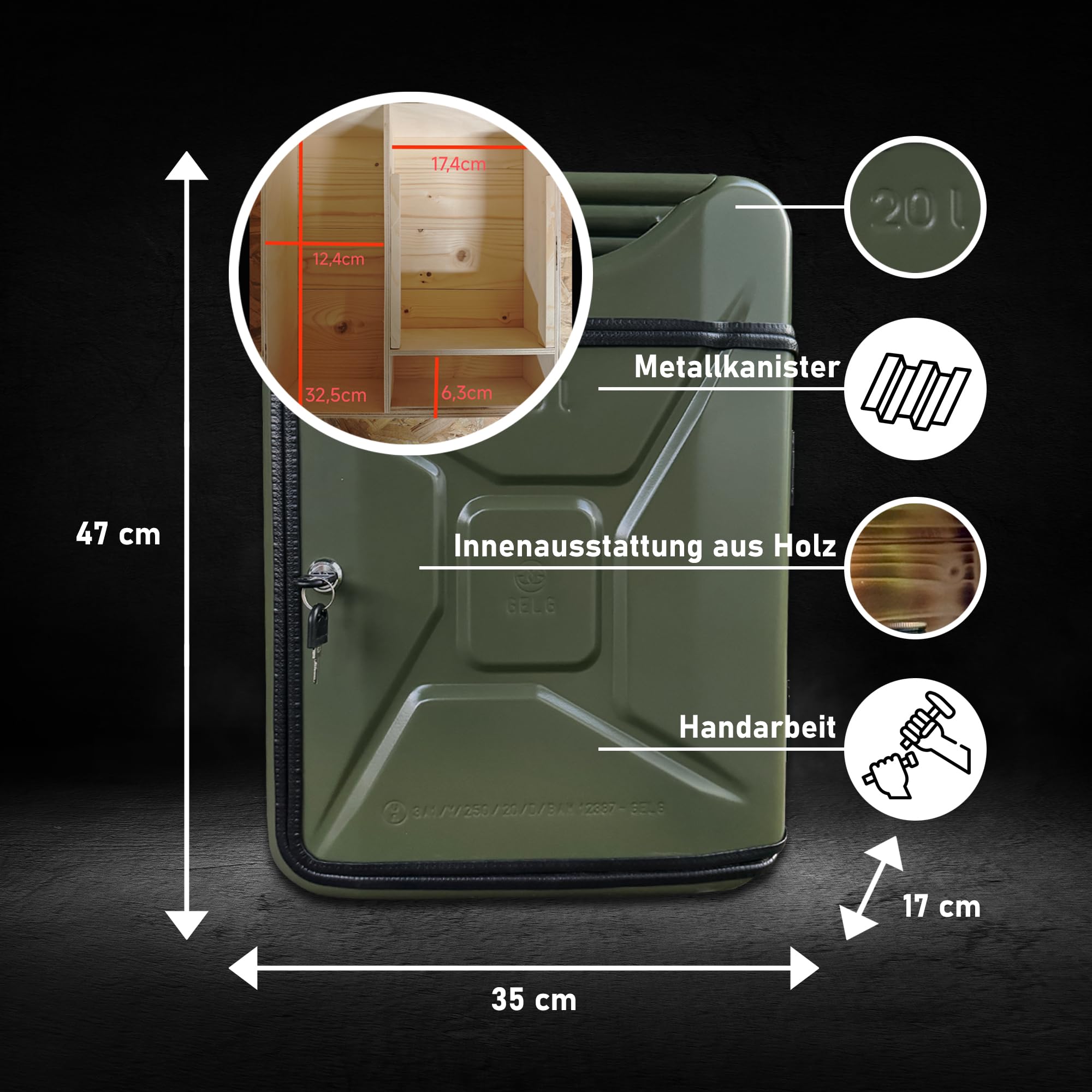 20L Kanister Mini Bar Premium I Maximal personalisierbar mit Gravur & LED Beleuchtung I 3 Gläser I Jerrycan I Mobile Kanister Bar Geschenk für Männer I Abschließbare Minibar I Bier Geschenk