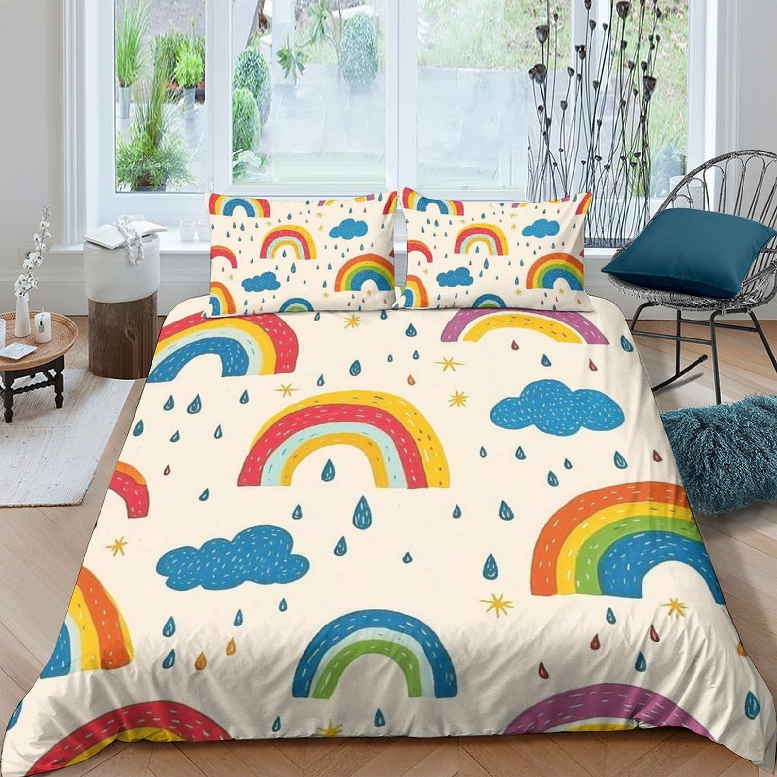 GPLZQXKJNH 3D Printed Rainbow Clouds Duvet Cover Microfiber Soft Breathable Bedding Set with 2 Pillowcases for Bedroom Decor Single（135x200cm）