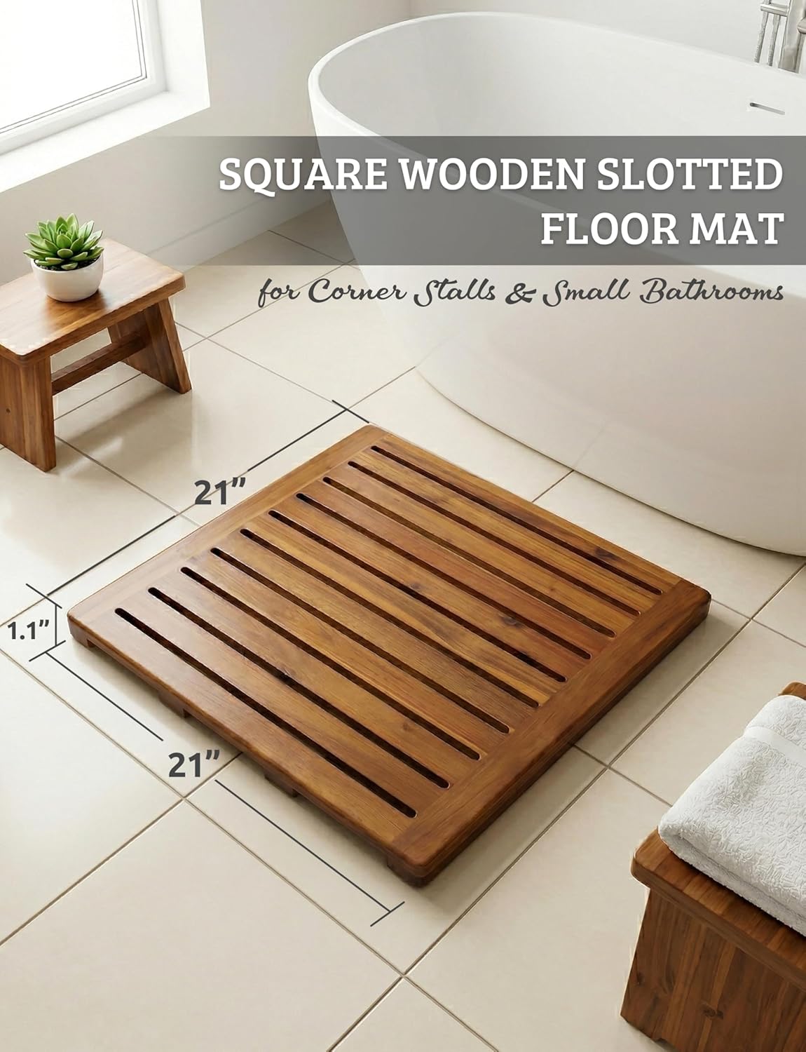 Acacia Wood Shower Mat 21x21 Inches by Demigo, Luxury Bath Mat Non Slip for Bathroom Bathtub Shower Spa Garden Home, Wooden Floor Mat Square Large for Outdoor and Indoor