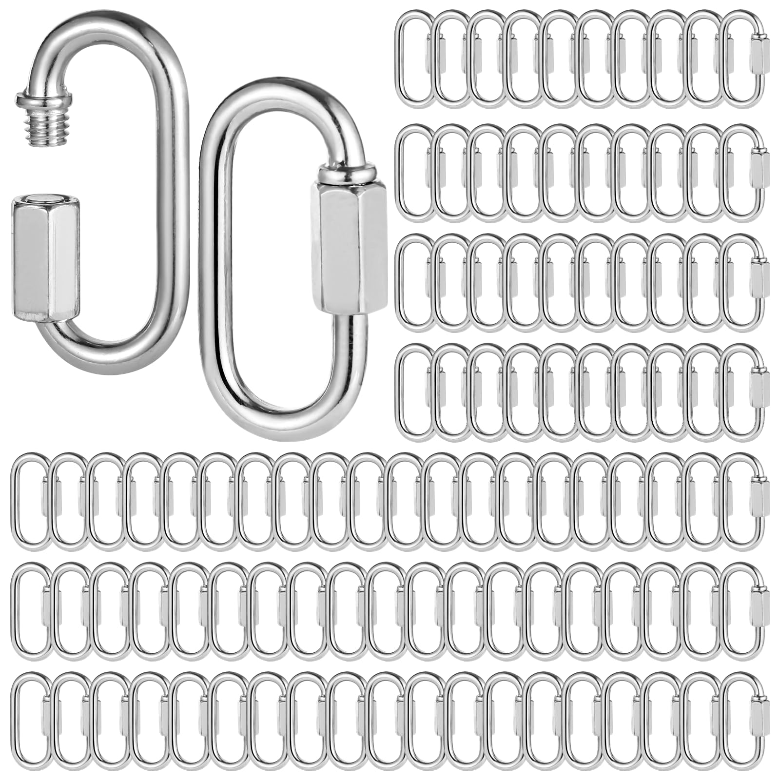 100 Pcs Quick Chain Links, M3.5 Heavy Duty 1/8 Inch D Shape Links, Galvanized Iron Chain Connectors for Safety, Threaded Locking Repair Chain Links